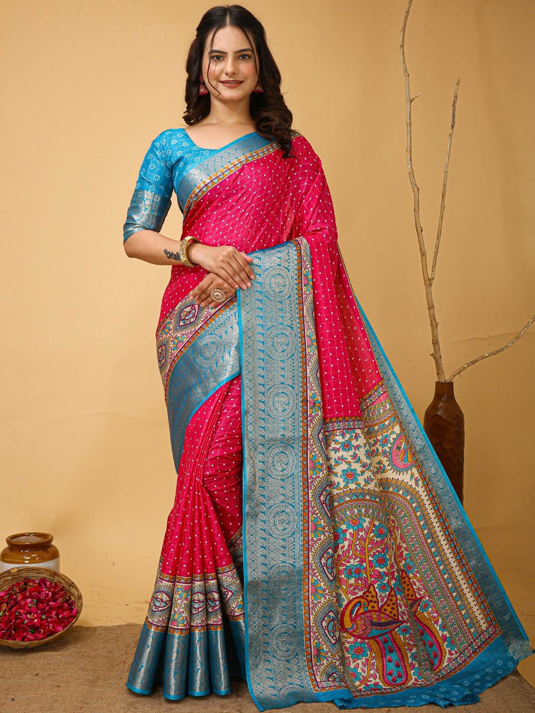 

KALINI Checked Zari Bandhani Saree with Woven Design Border, Pink