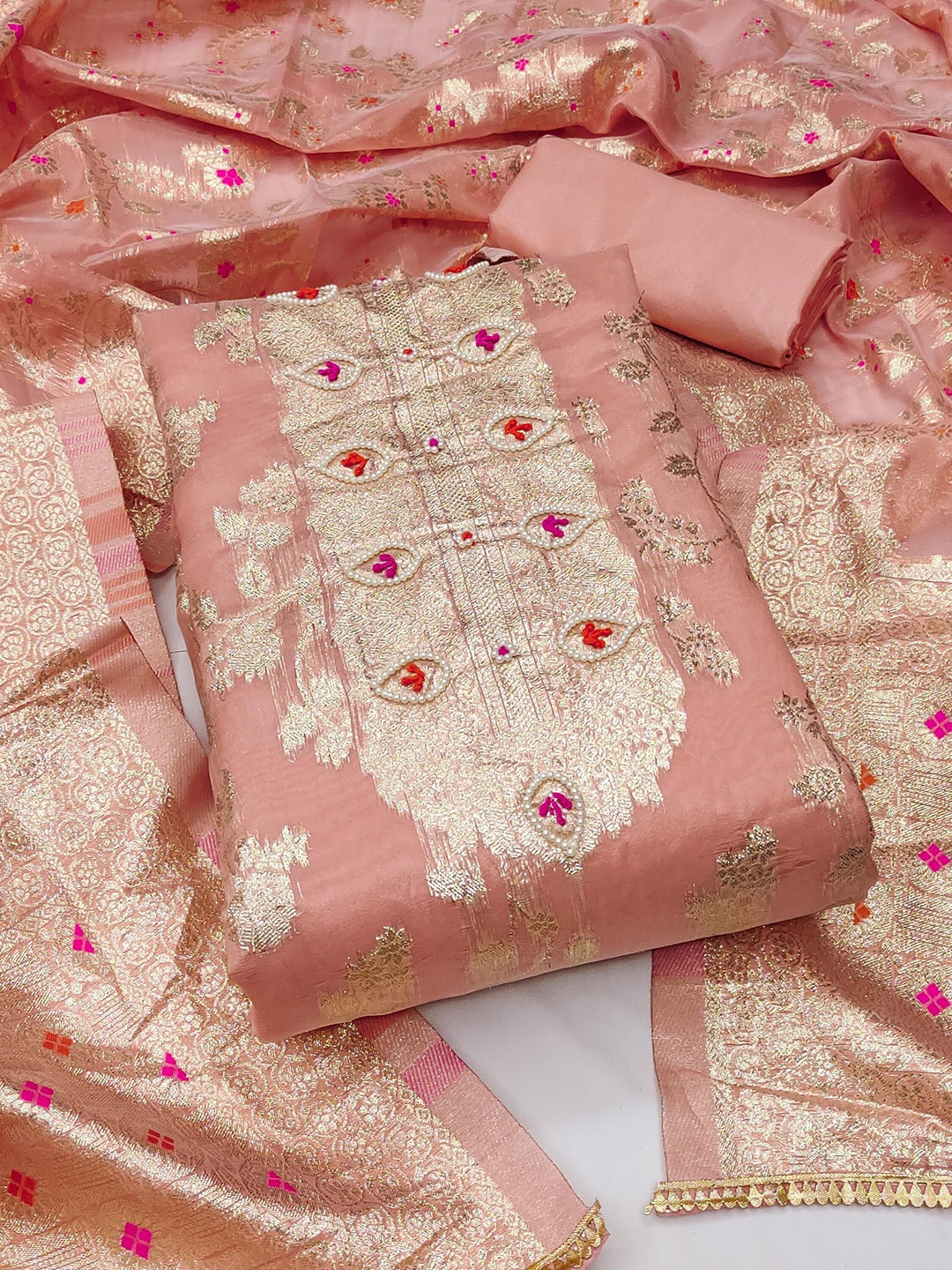 

SHADOW & SAINING Woven Design Beads And Stones Banarasi Jacquard Unstitched Dress Material, Peach