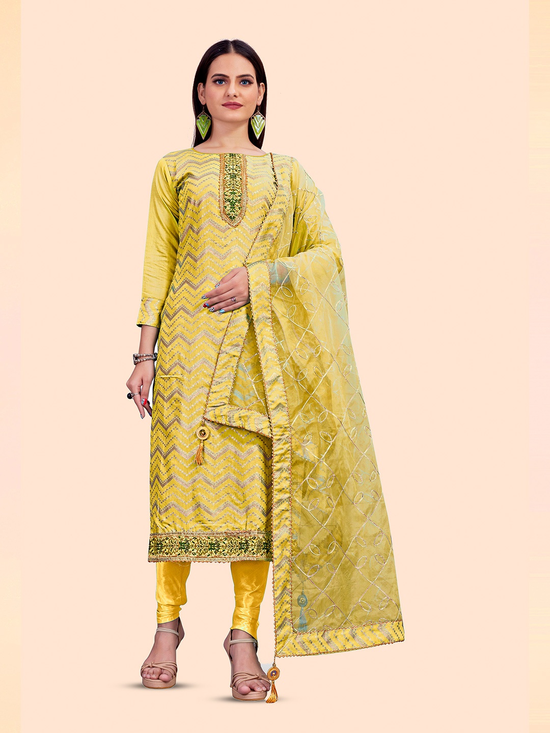 

Maroosh Geometric Motifs Gota Embrodiered Chanderi Cotton Unstitched Dress Material, Yellow