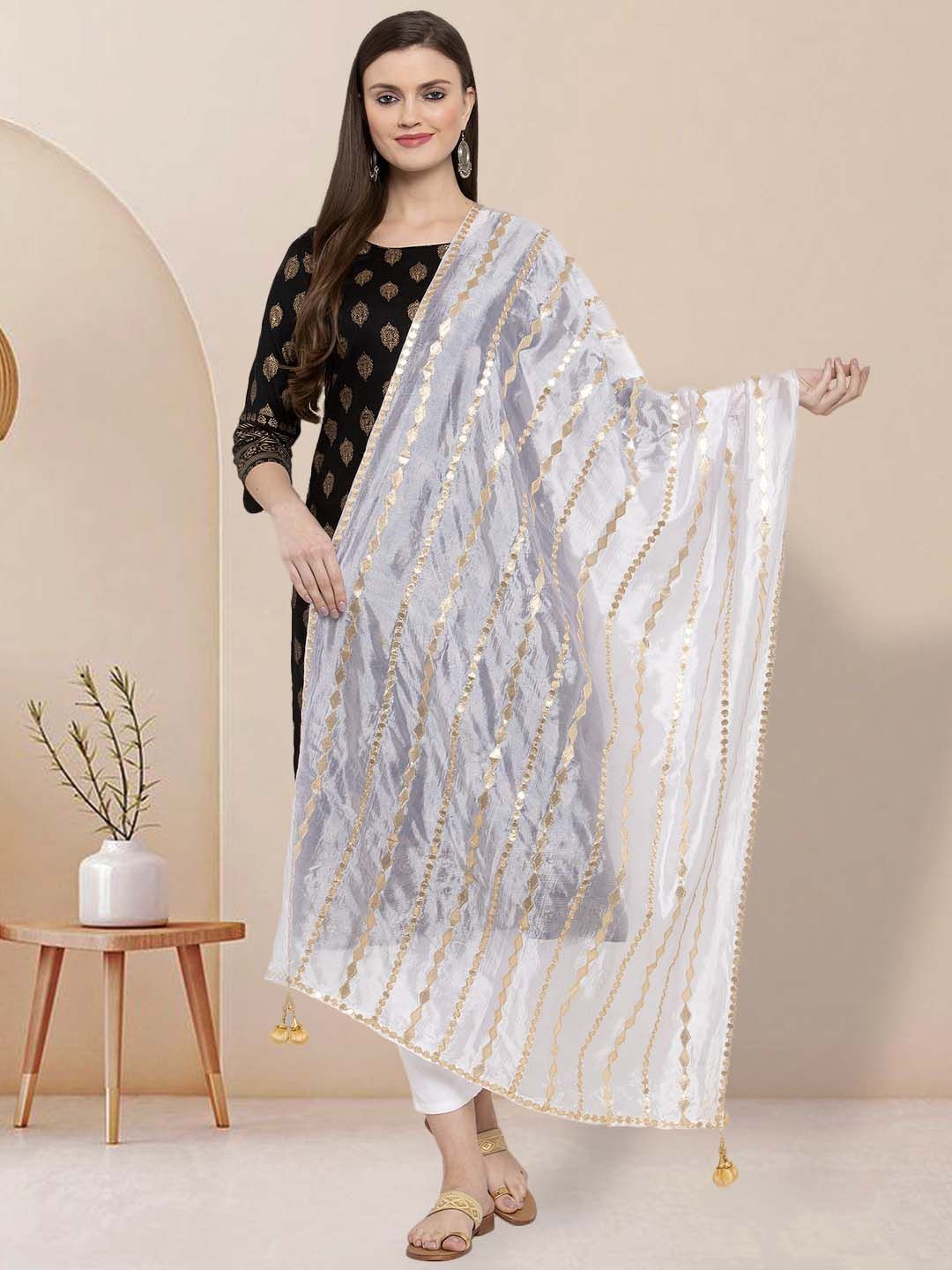 

Moda Rapido Striped Embroidered Gotta Patti Dupatta, White