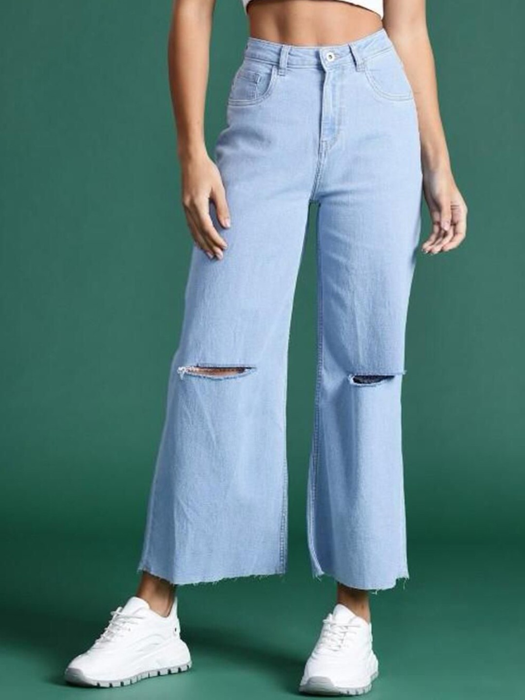 

1DAYJEANS Women Straight Fit High-Rise Slash Knee Jeans, Blue