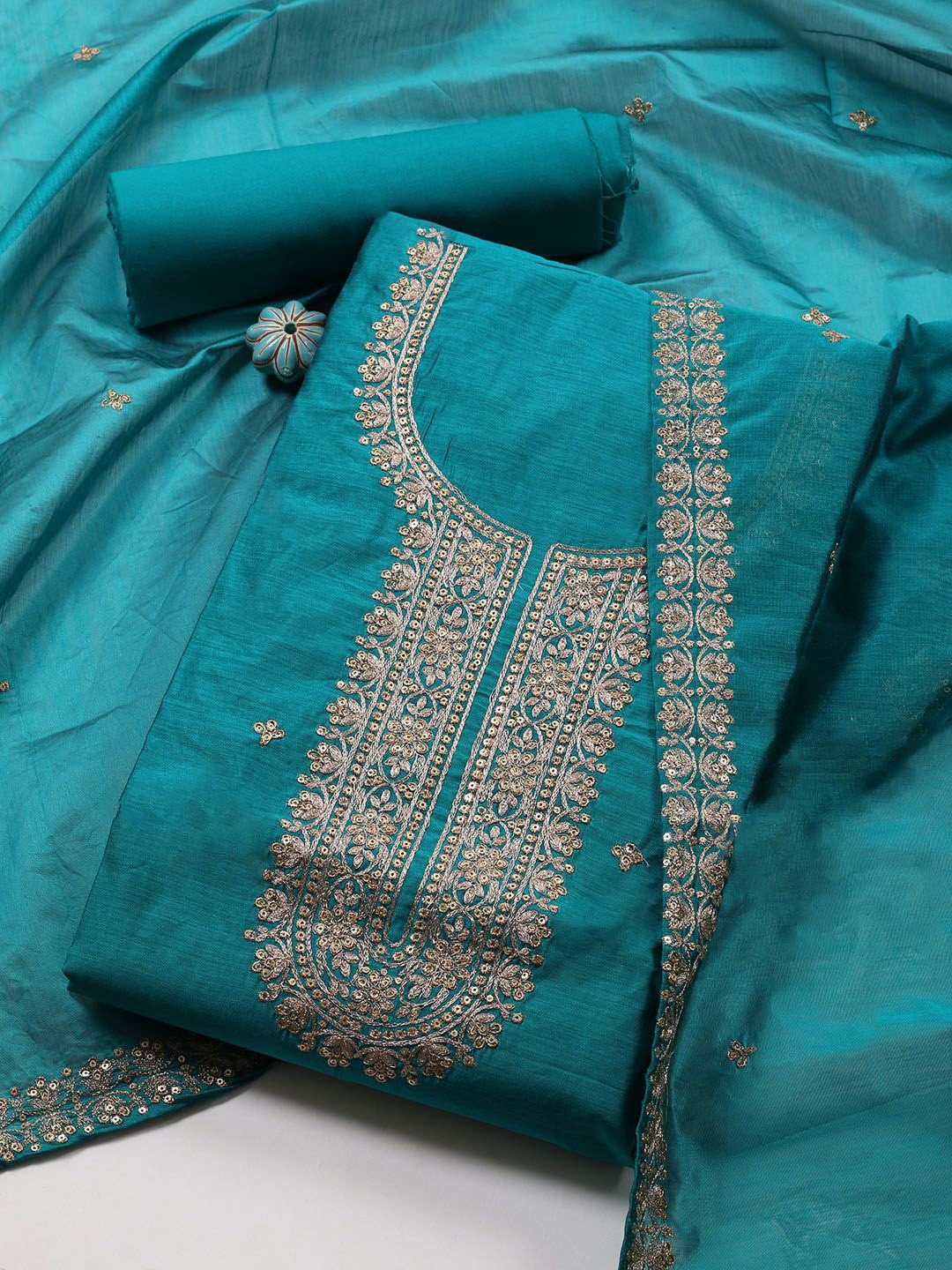 

Meena Bazaar Floral Embroidered Sequinned Unstitched Dress Material, Blue