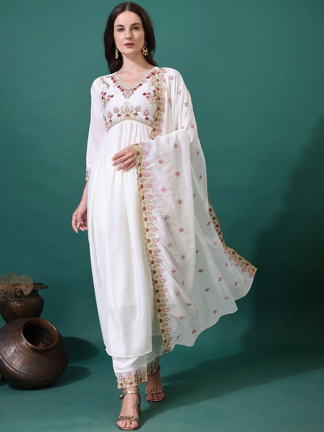

KALINI Ethnic Motifs Embroidered Thread Work Empire Kurta With Palazzos & Dupatta, White
