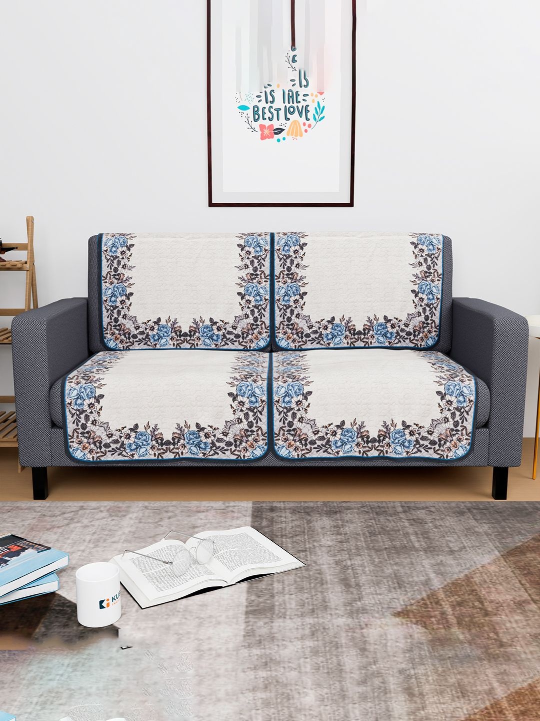 

Kuber Industries Cream & Blue 4 Pieces Floral Self Design 2 Seater Cotton Sofa Cover
