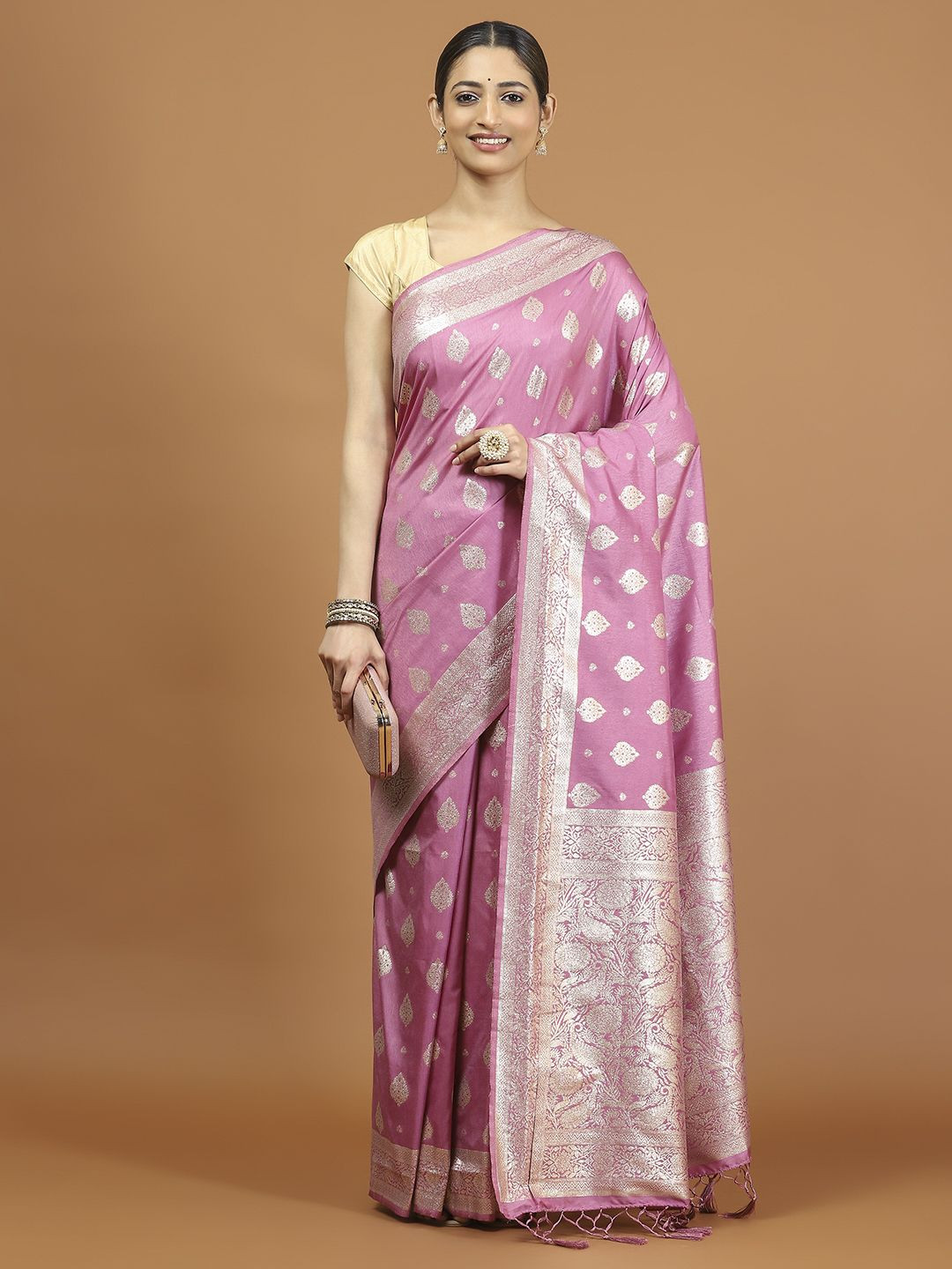 

Meena Bazaar Ethnic Motifs Woven Design Zari Saree, Pink