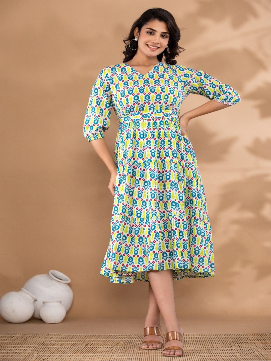 

NUNCHII Women Floral Printed Fit & Flare Midi Cotton Dress, White