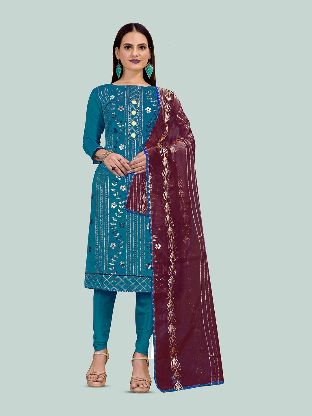 

Maroosh Floral Embrodiered Gotta Patti Unstitched Dress Material, Blue