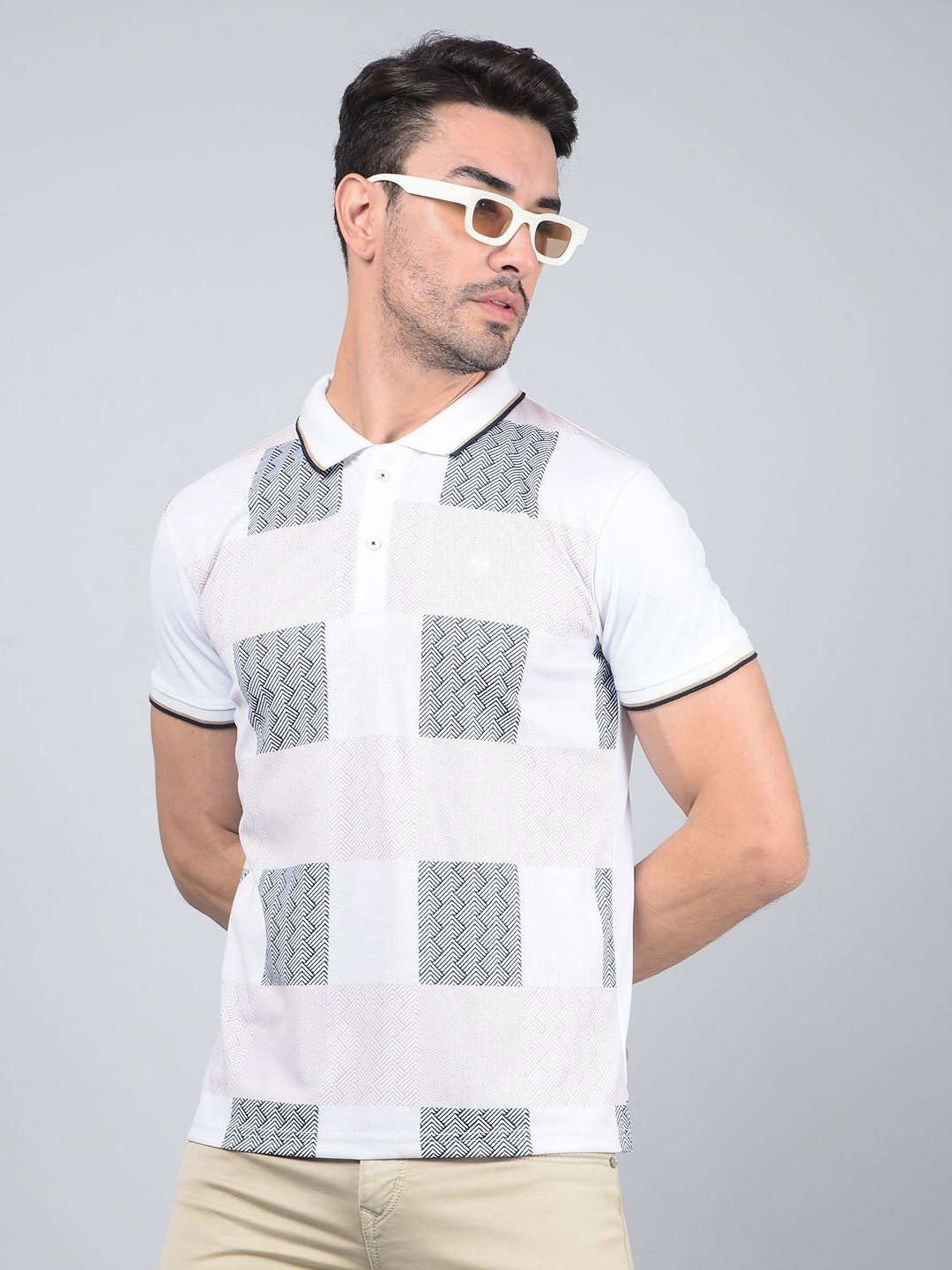 

Crimsoune Club Men Geometric Printed Polo Collar Cotton T-shirt, White