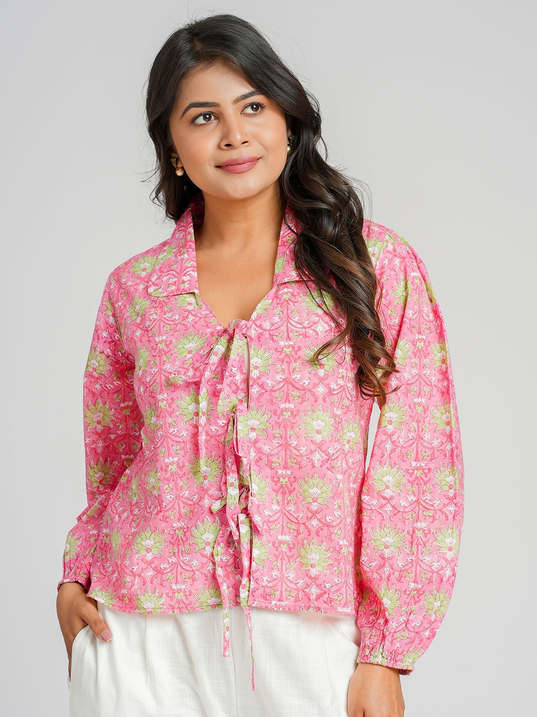 

Cotton Curio Women Cotton Block Printed Short Top, Pink