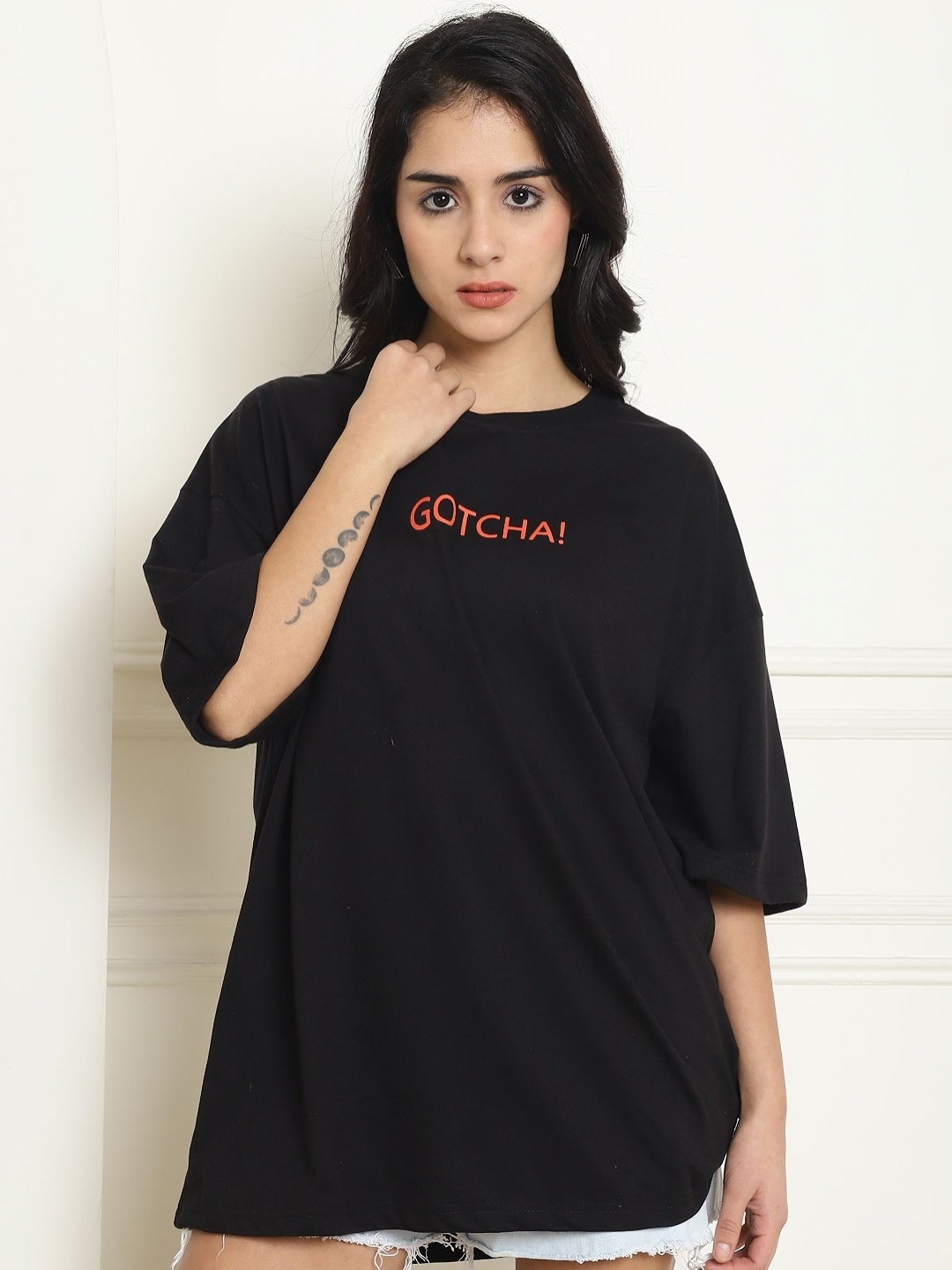

Tromko Women Graphic Printed Round Neck Cotton Oversized T-shirt, Black
