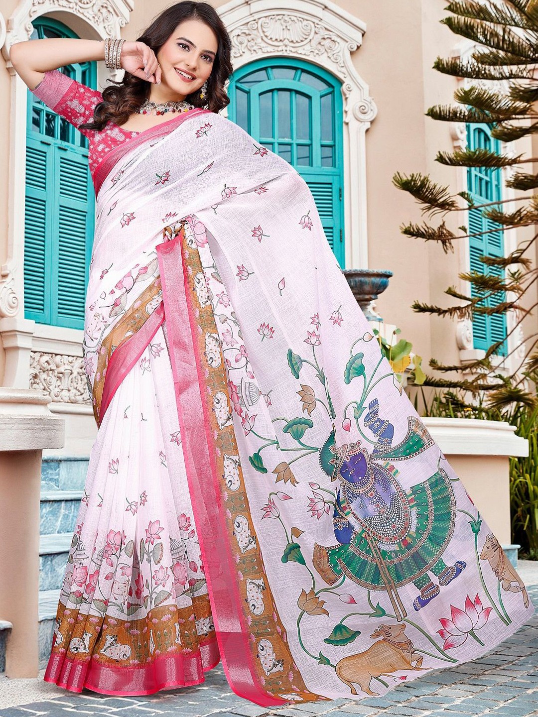 

Sarvada Floral Printed Pure Cotton Saree, White