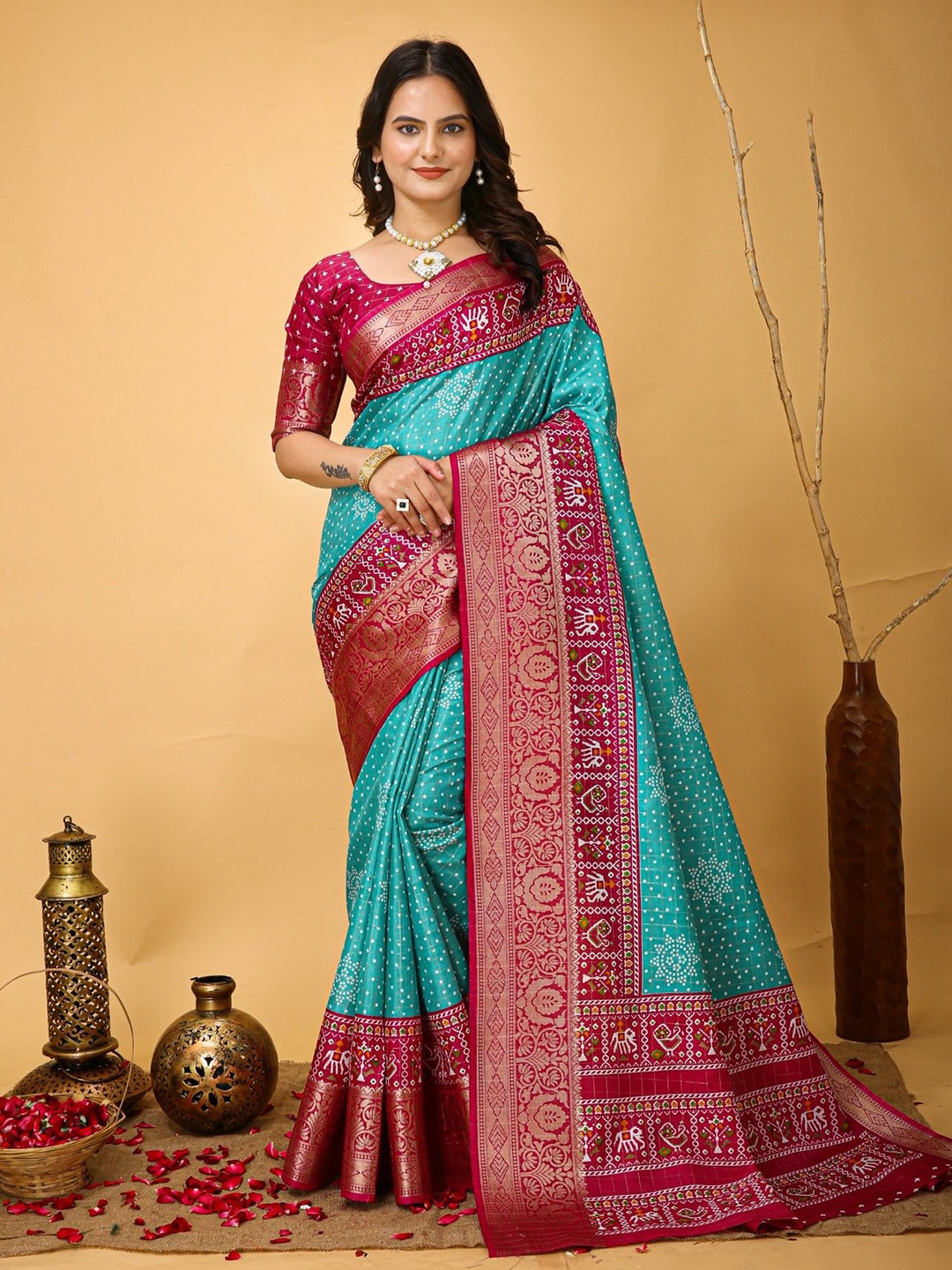 

KALINI Zari Bandhani Saree, Turquoise blue