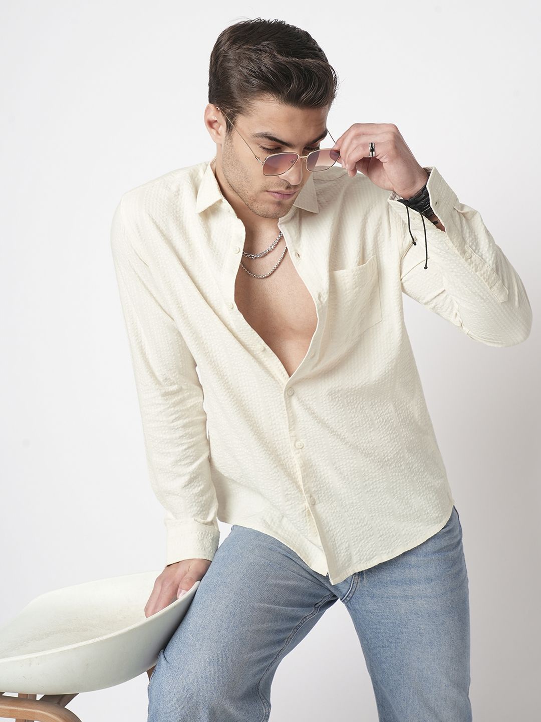 

VASTRADO Men Spread Collar Textured Cotton Casual Shirt, Cream