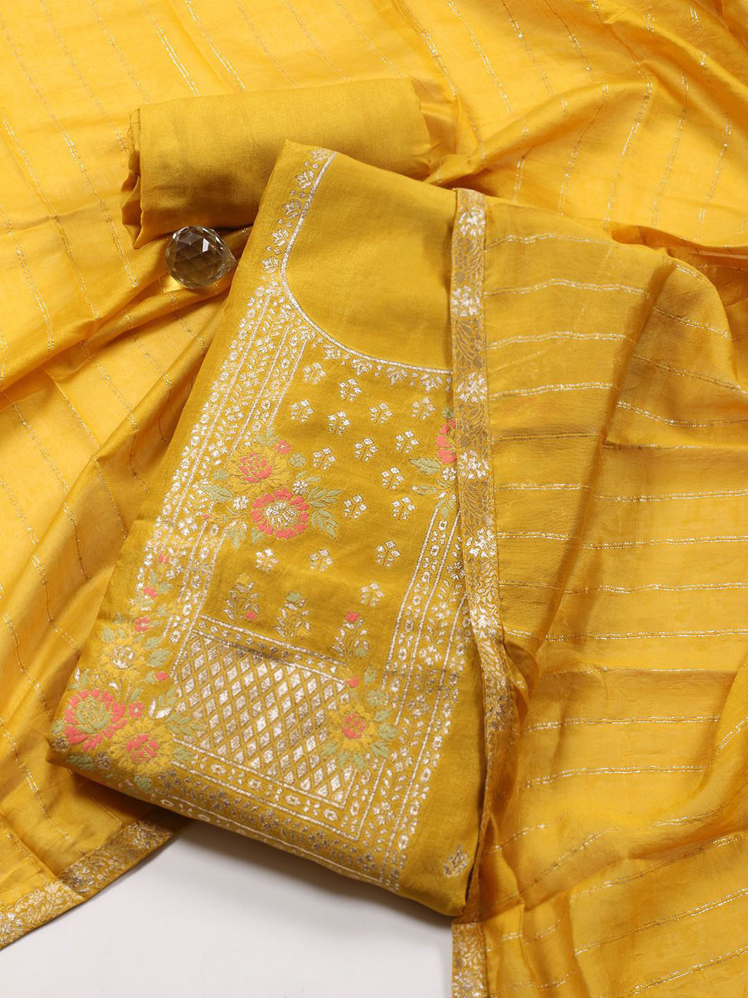

Meena Bazaar Floral Woven Design Zari Unstitched Dress Material, Mustard