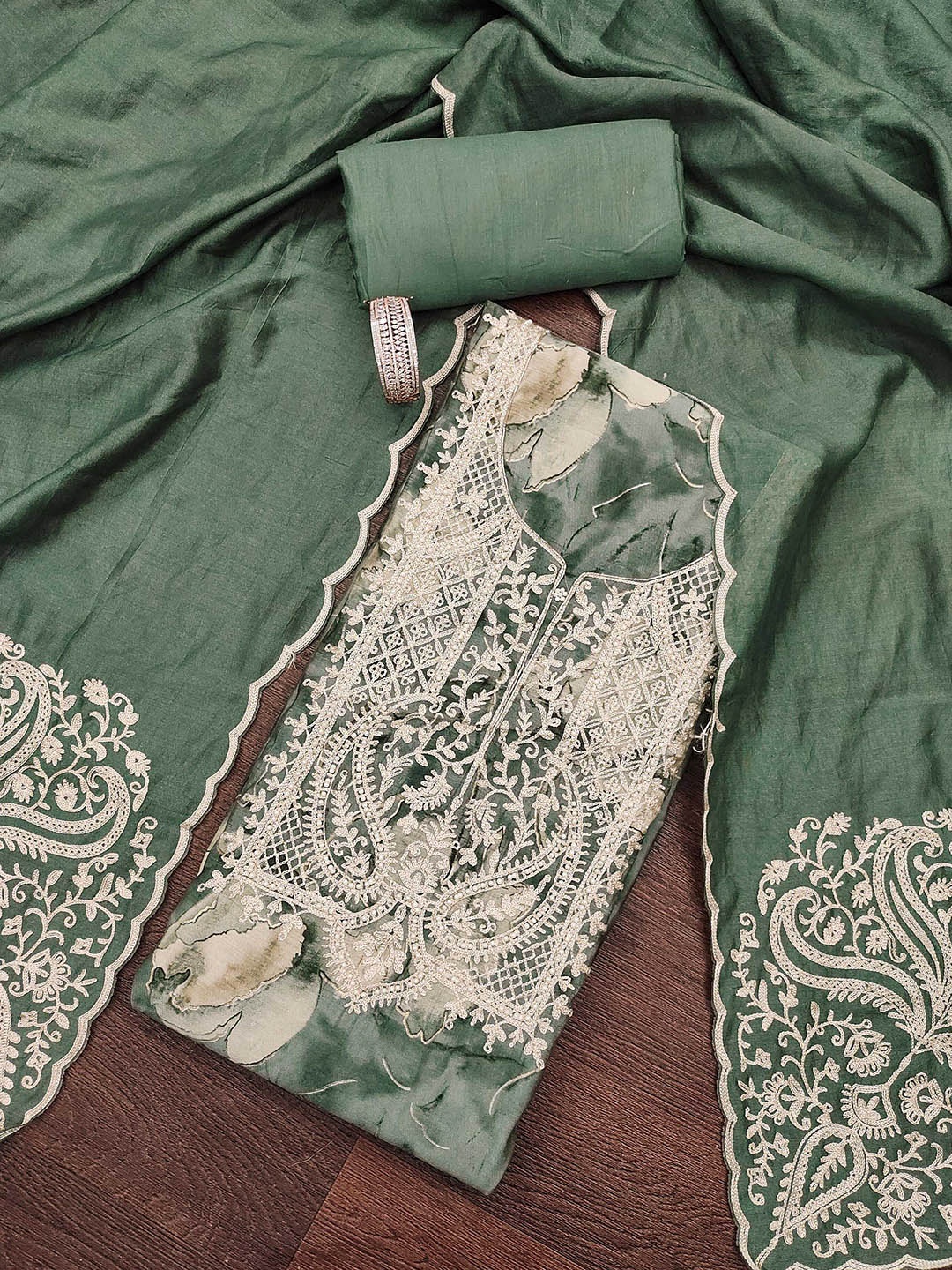 

SHADOW & SAINING Floral Printed Zari Modal Cotton Unstitched Dress Material, Sea green