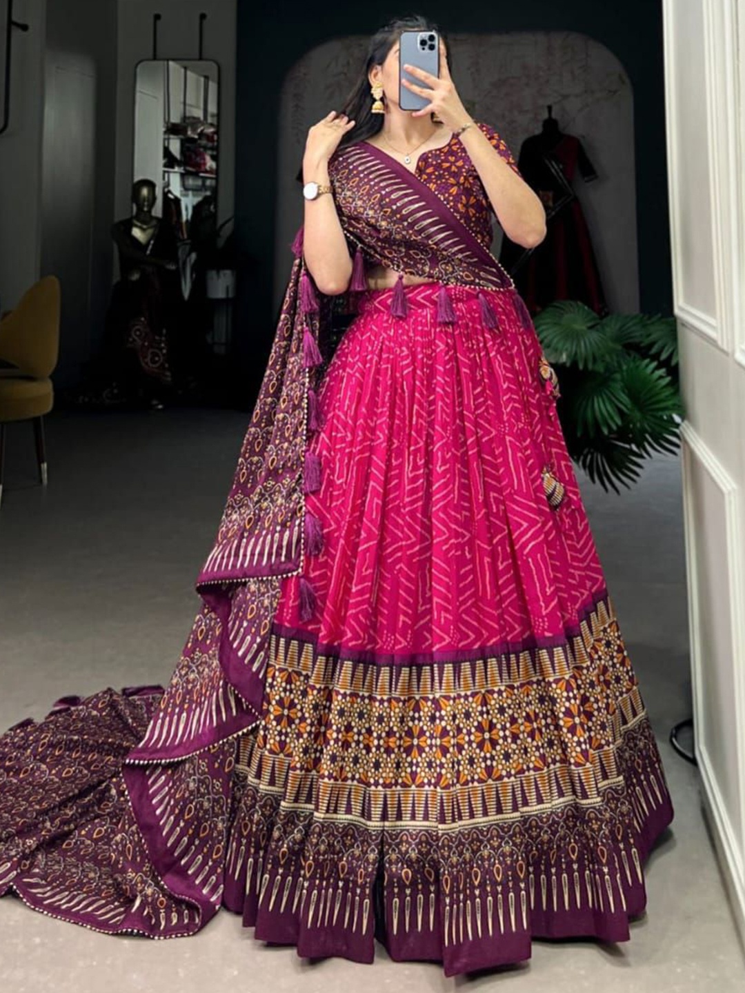

RADHVI BIZ Ikat Printed Lehenga With Semi-Stitched Blouse & Dupatta, Pink