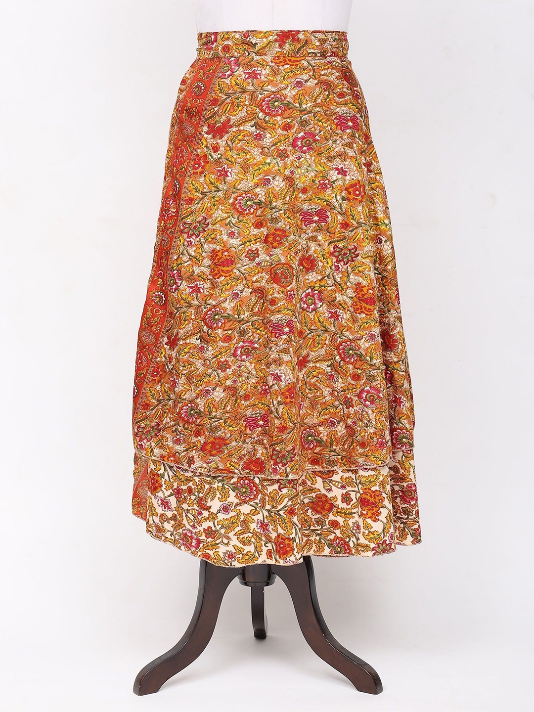 

Exotic India Women Double Layer Wrap-Around Long Skirt with Floral Print, Orange