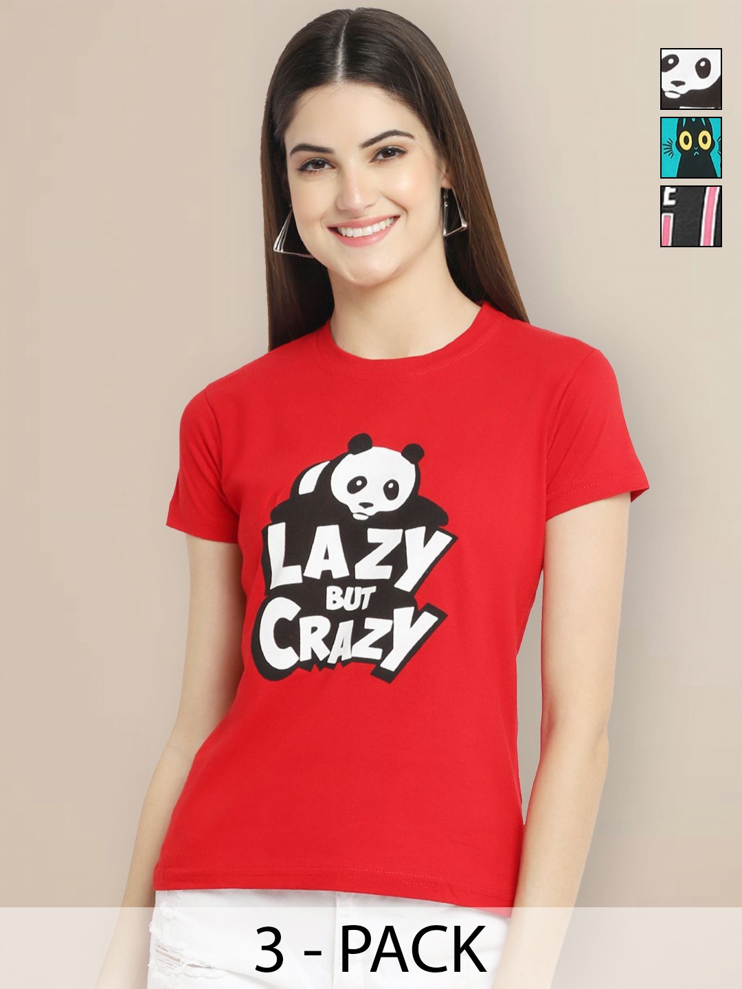

Metronaut Women Pack of 3 Typography Printed Round Neck Cotton T-shirts, Red