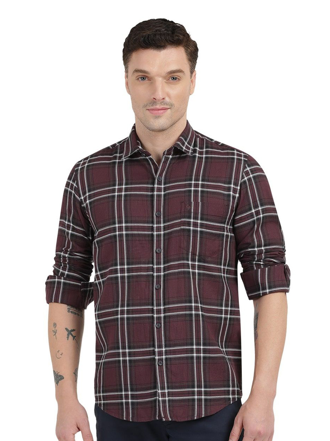 

Clarke Gable Men Trim Fit Spread Collar Tartan Checked Cotton Casual Shirt, Brown