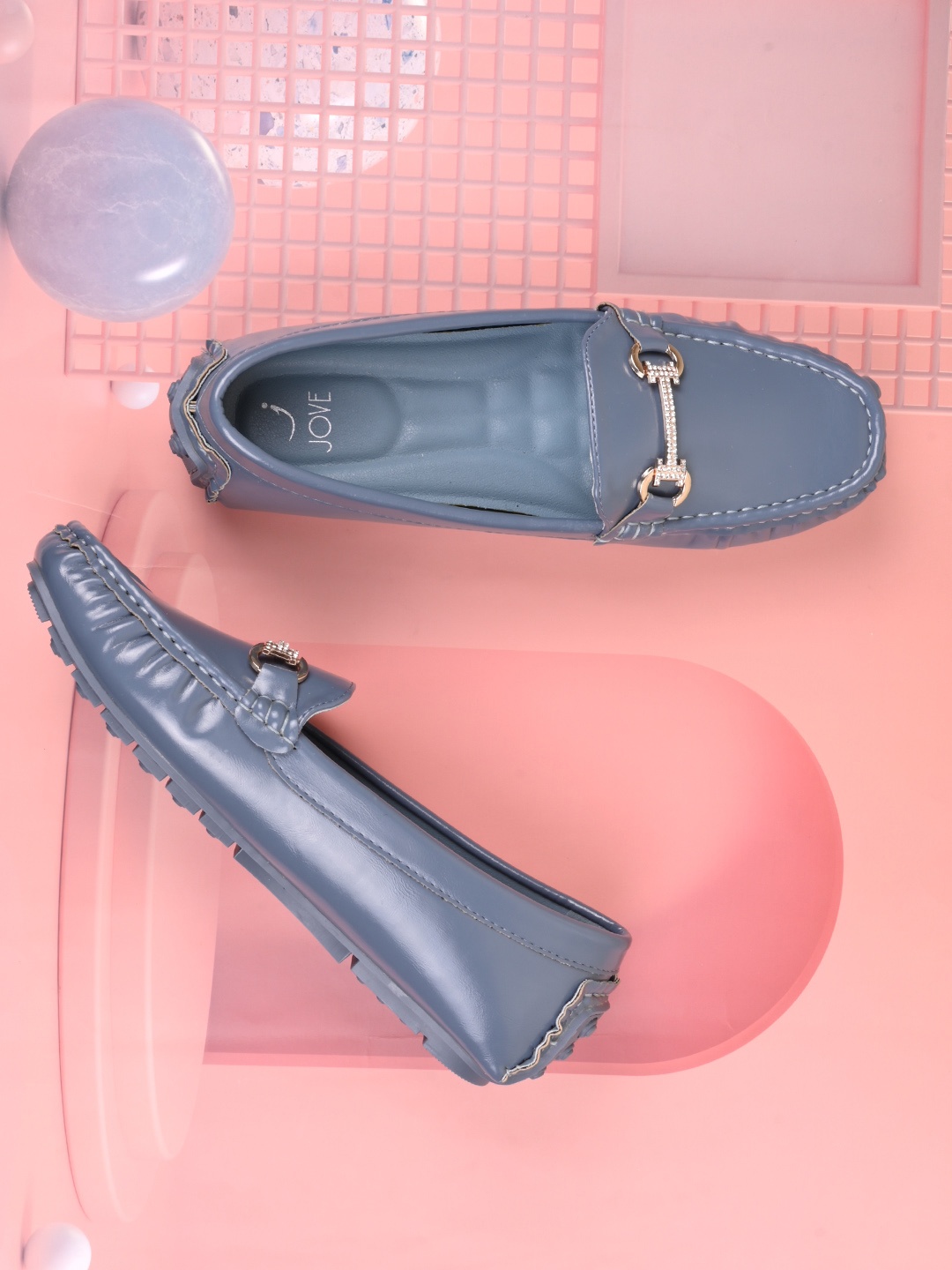 

Jove Women PU Slip-On Western Embellished Loafers, Blue