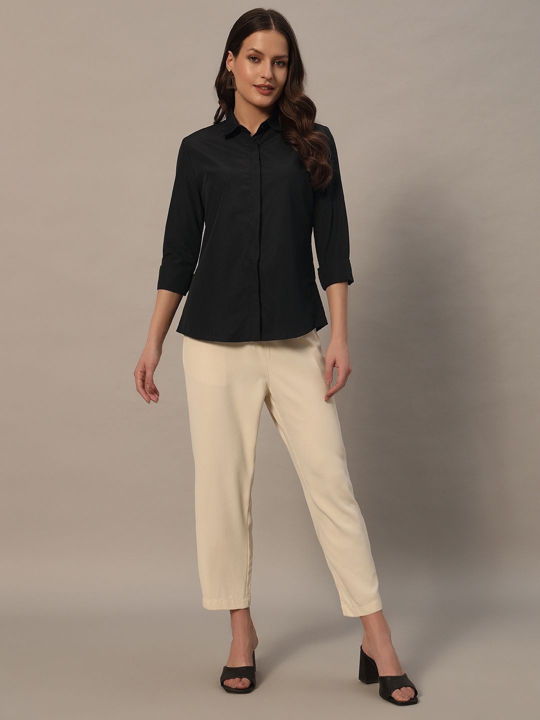 

Metronaut Women Spread Collar Solid Casual Shirt, Black
