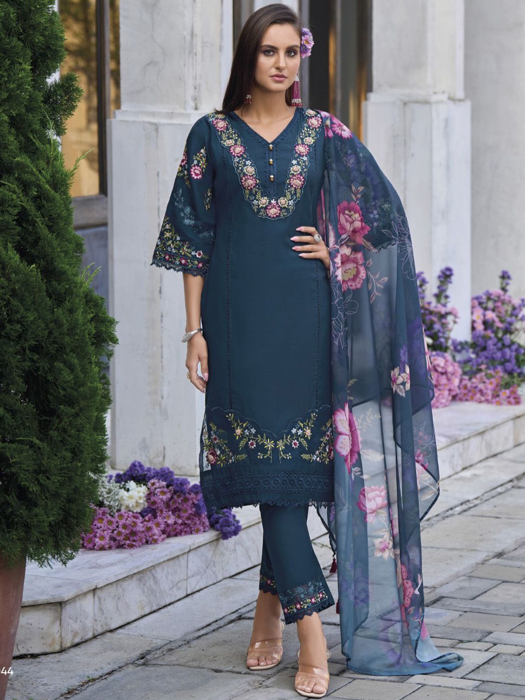 

Varanga Floral Embroidered Thread Work Pure Cotton Straight Kurta With Trouser And Dupatta, Blue