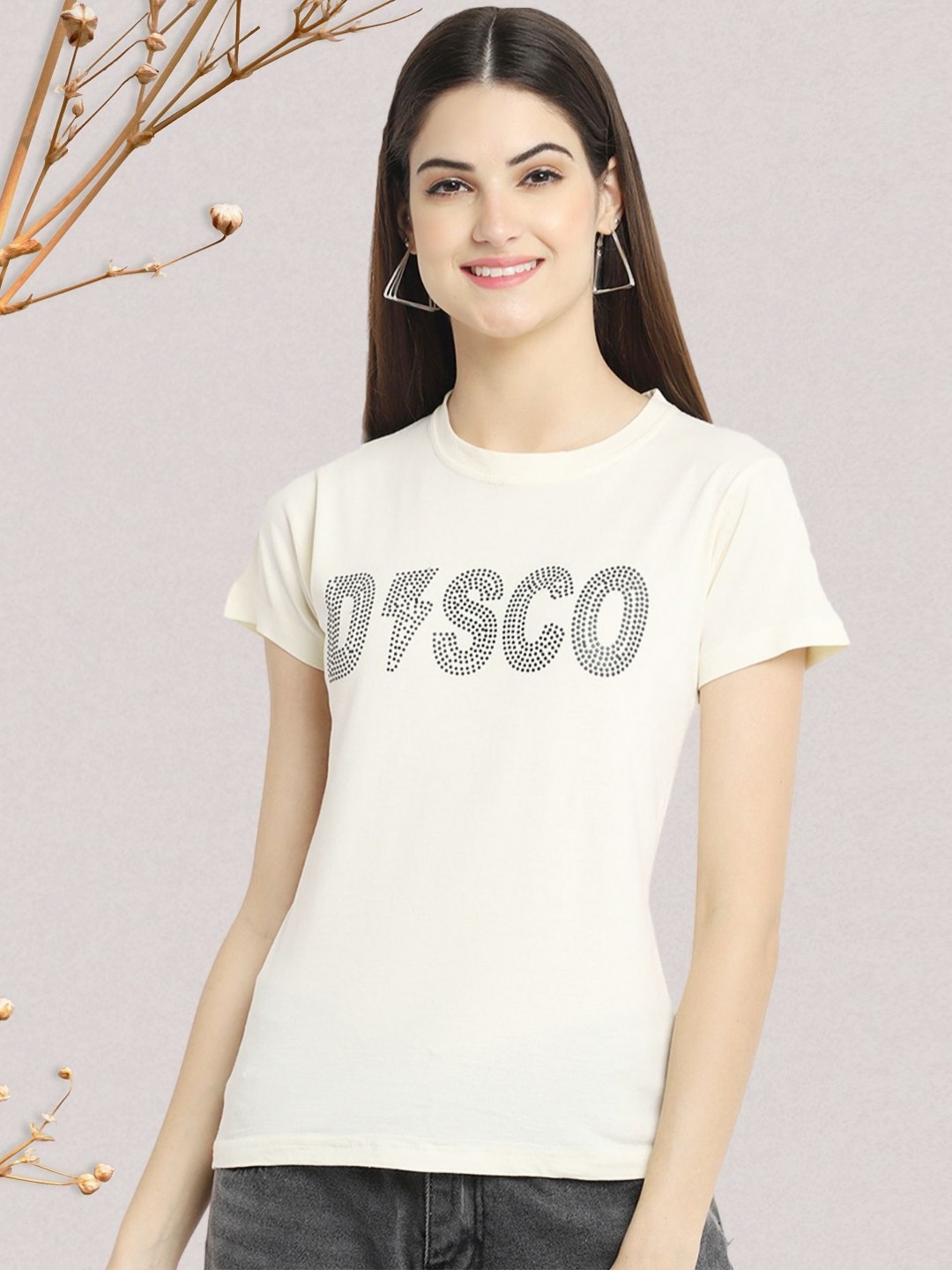 

Dreambe Women Typography Printed Round Neck Cotton T-shirt, Cream