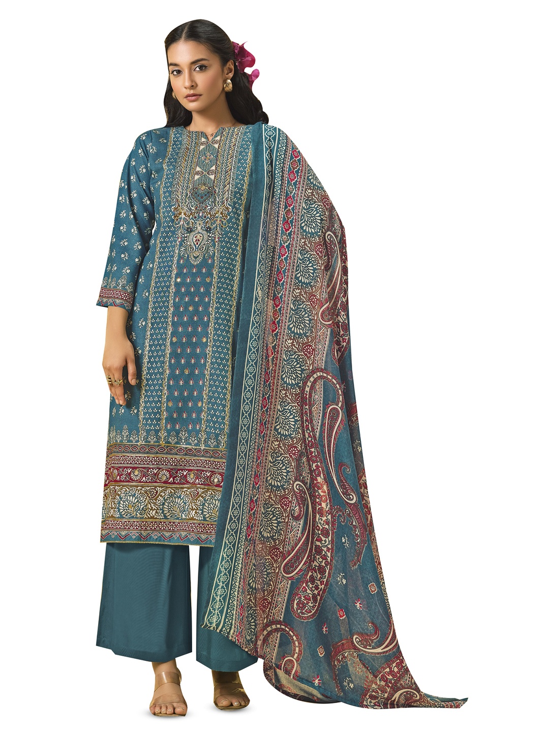 

DRAVINAM Trends Floral Embroidered Viscose Rayon Unstitched Dress Material, Blue