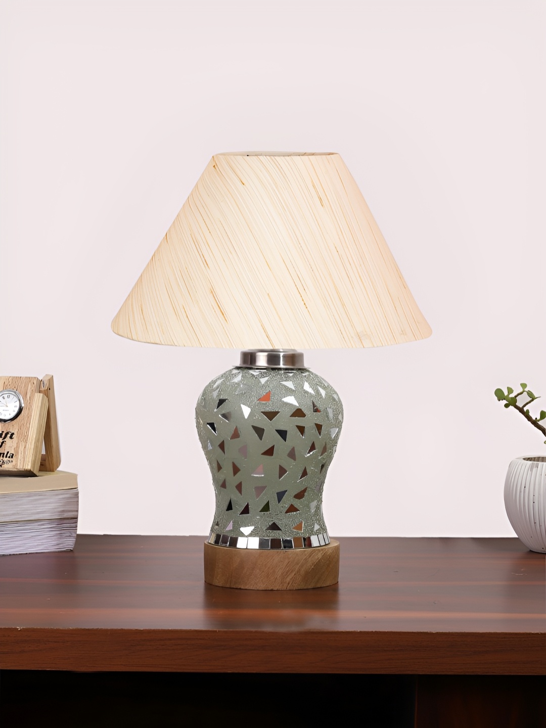 

Devansh Off White Textured Frustum Shaped Wooden Table Lamp & Mosaic Glass