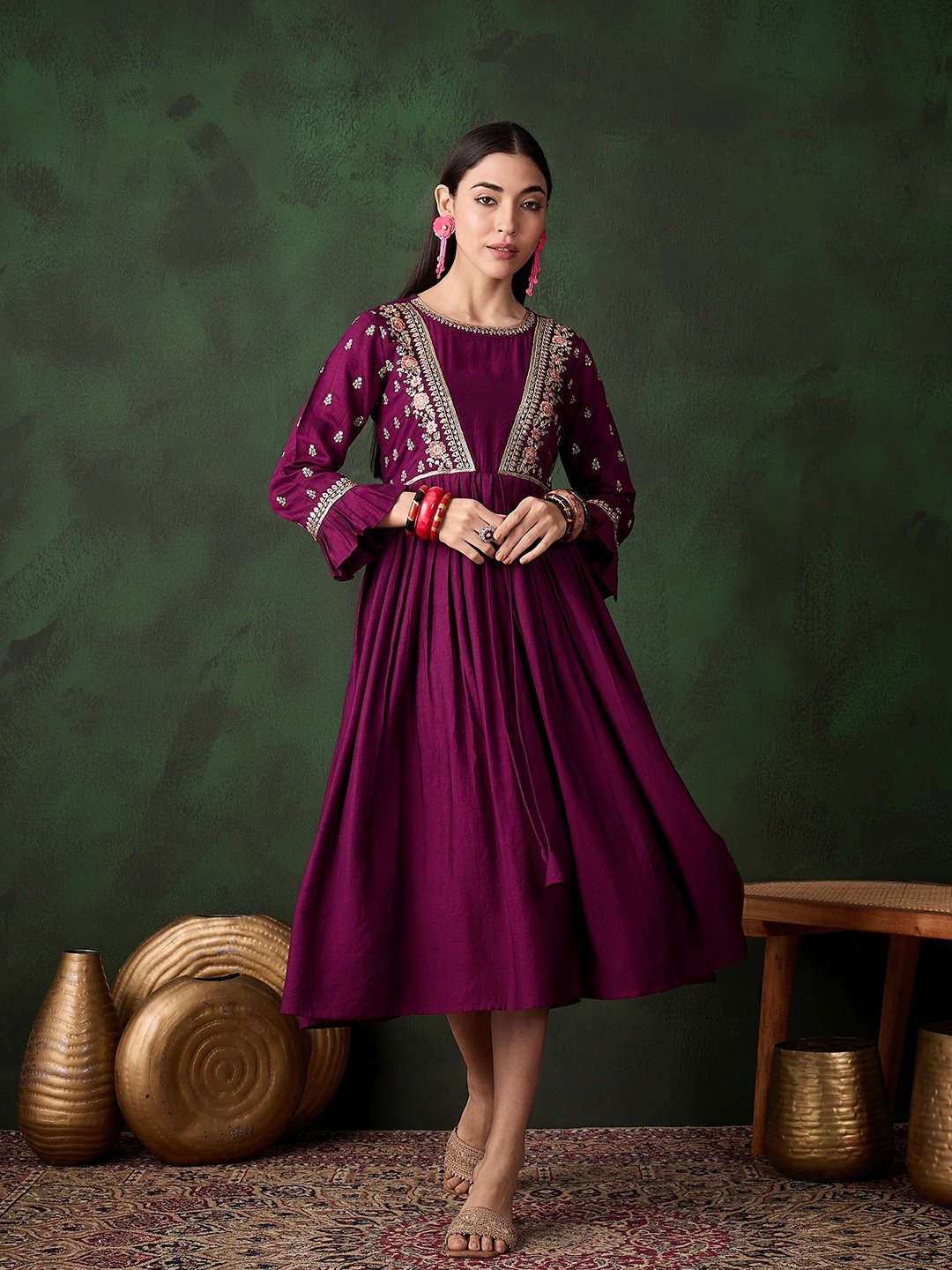 

Sangria Women Embroidered Stylish Fit and Flare Ethnic Dress, Purple