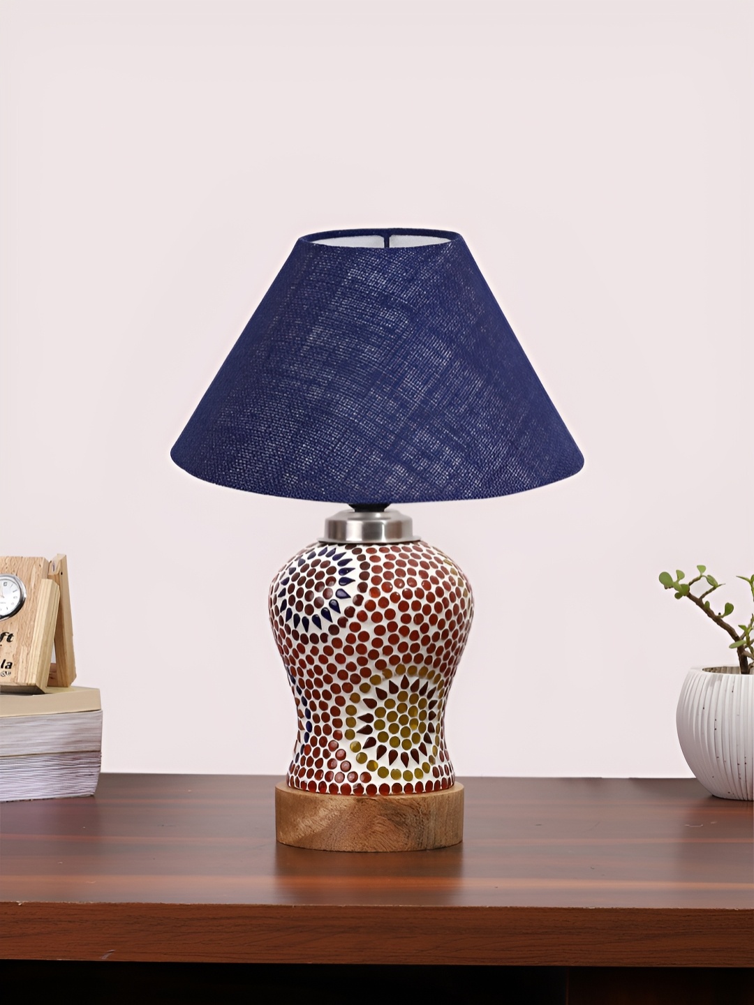 

Devansh Blue Printed Wood Frusturical Shaped Table Lamp