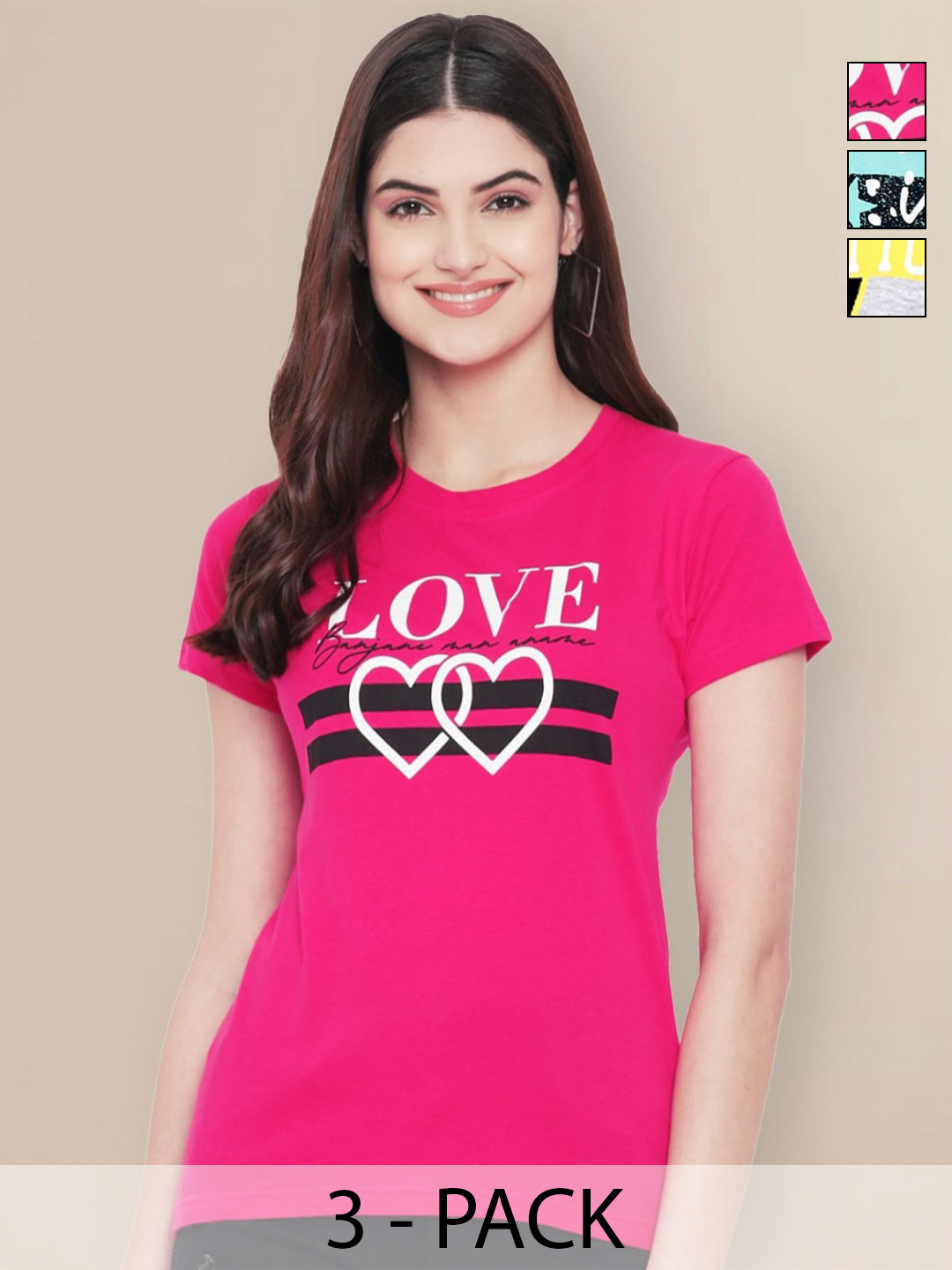 

Metronaut Women Pack of 3 Typography Printed Round Neck Cotton T-shirts, Fuchsia