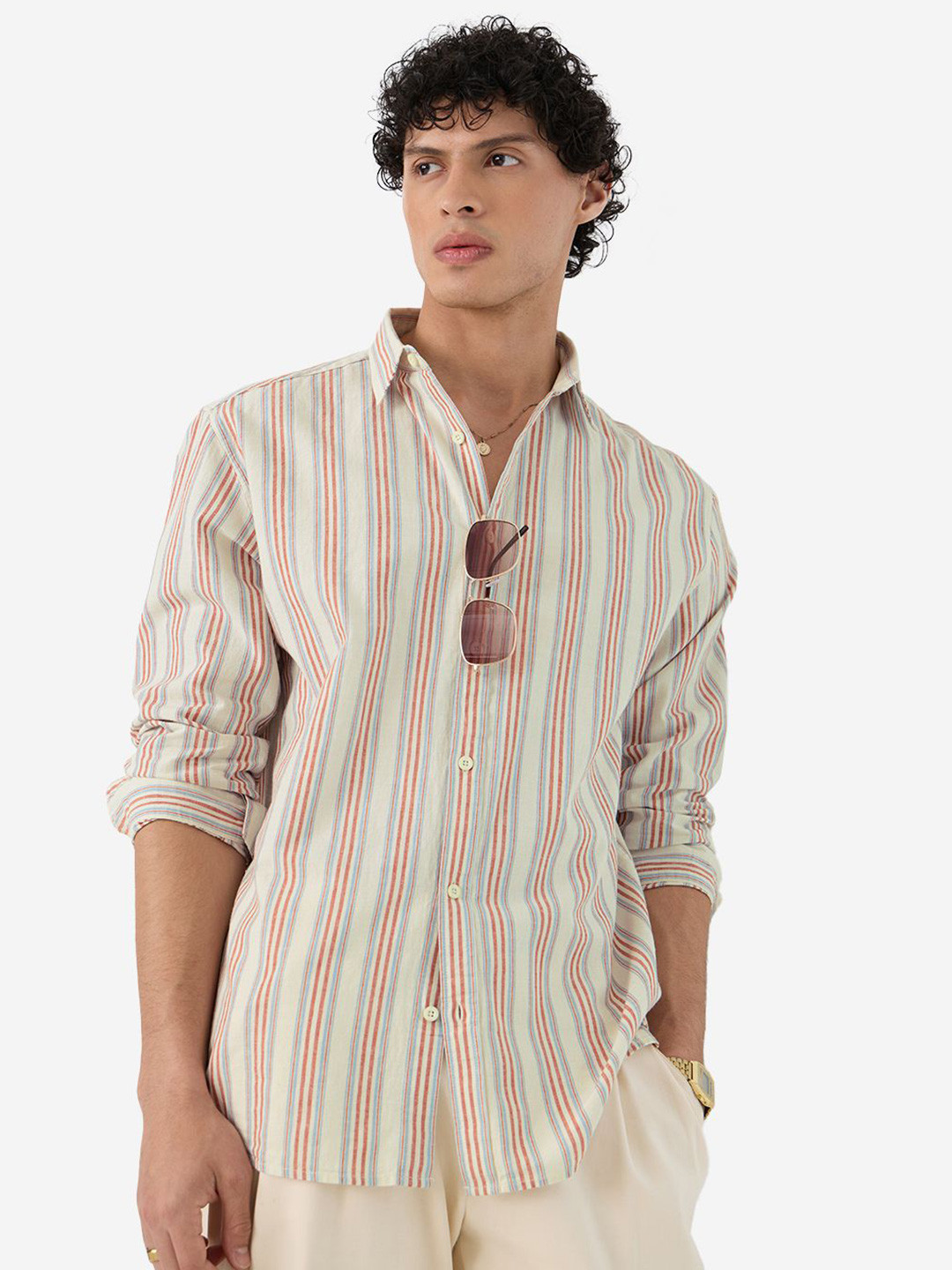 

The Souled Store Men Spread Collar Vertical Striped Cotton Casual Shirts, Beige