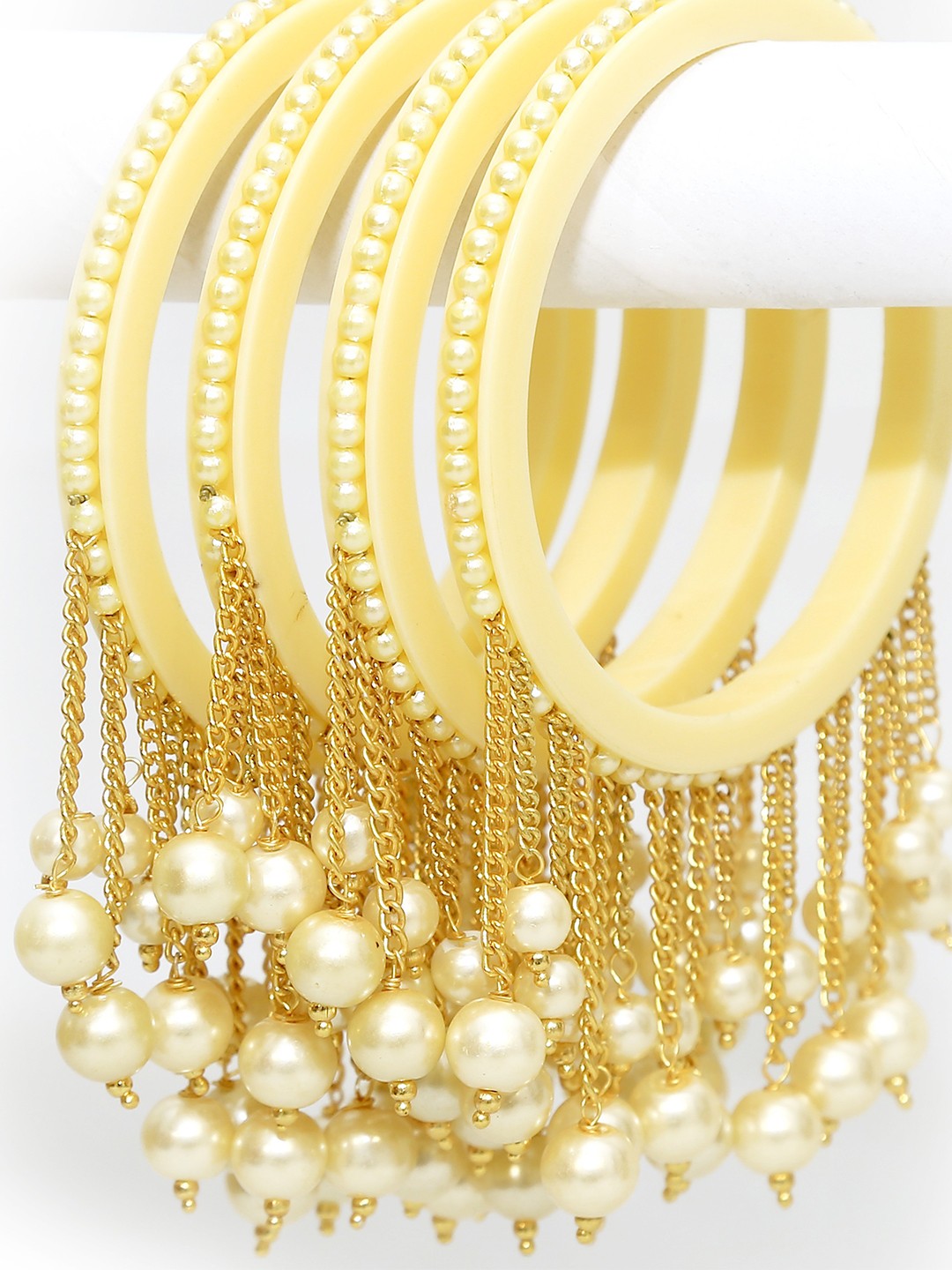 

Zindura Set Of 4 Gold-Plated Pearl Beads Studded Bangles With Hangings