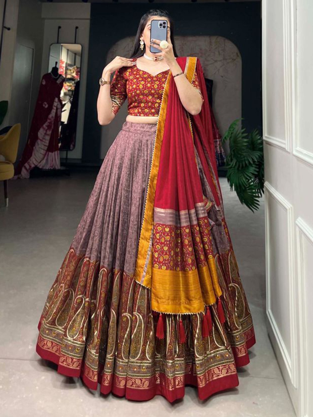 

RADHVI BIZ Kalamkari Printed Lehenga With Semi-Stitched Blouse & Dupatta, Brown