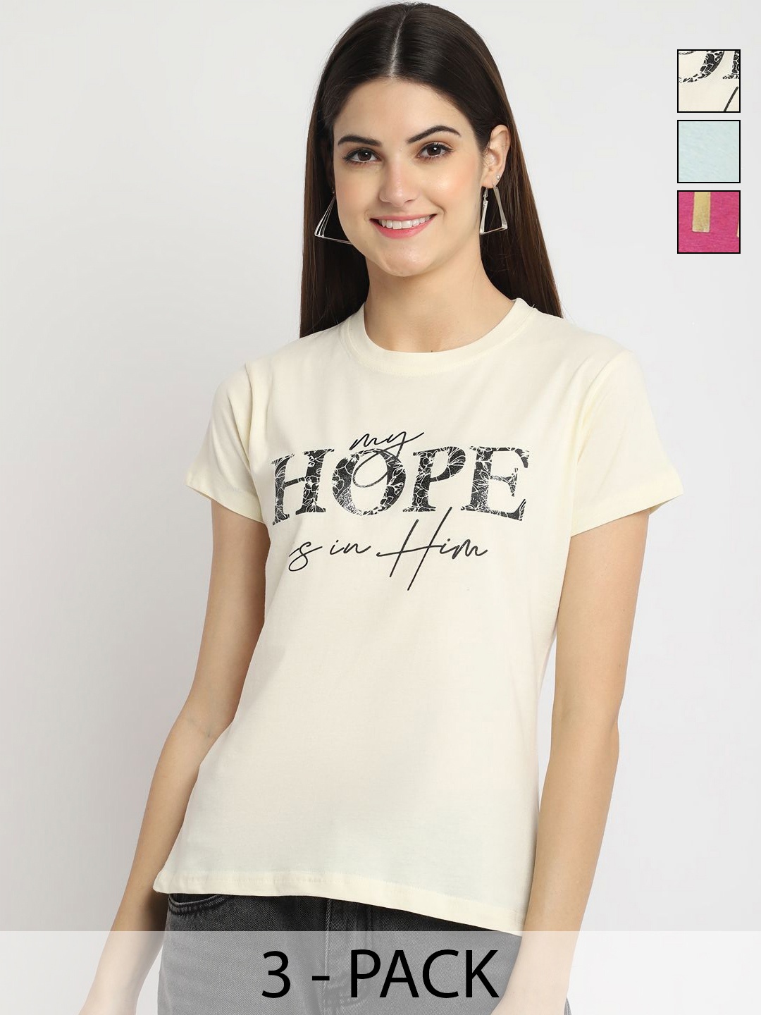 

Dreambe Women Pack of 3 Typography Printed Round Neck Cotton T-shirts, Cream