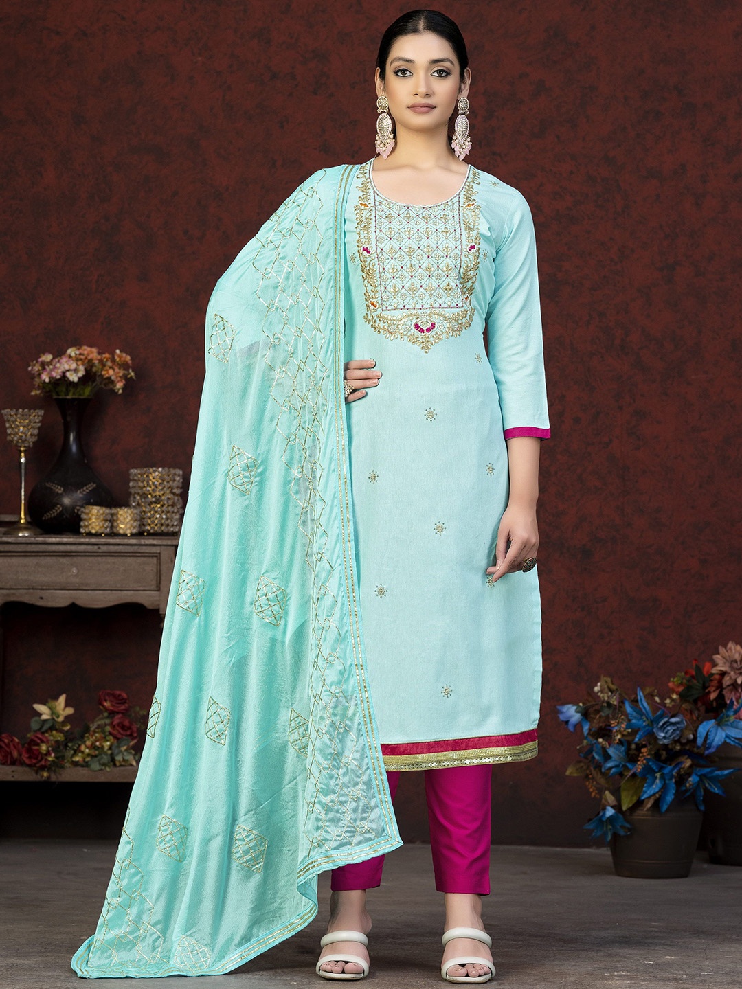 

SHADOW & SAINING Embroidered Gotta Patti Semi-Stitched Dress Material, Blue