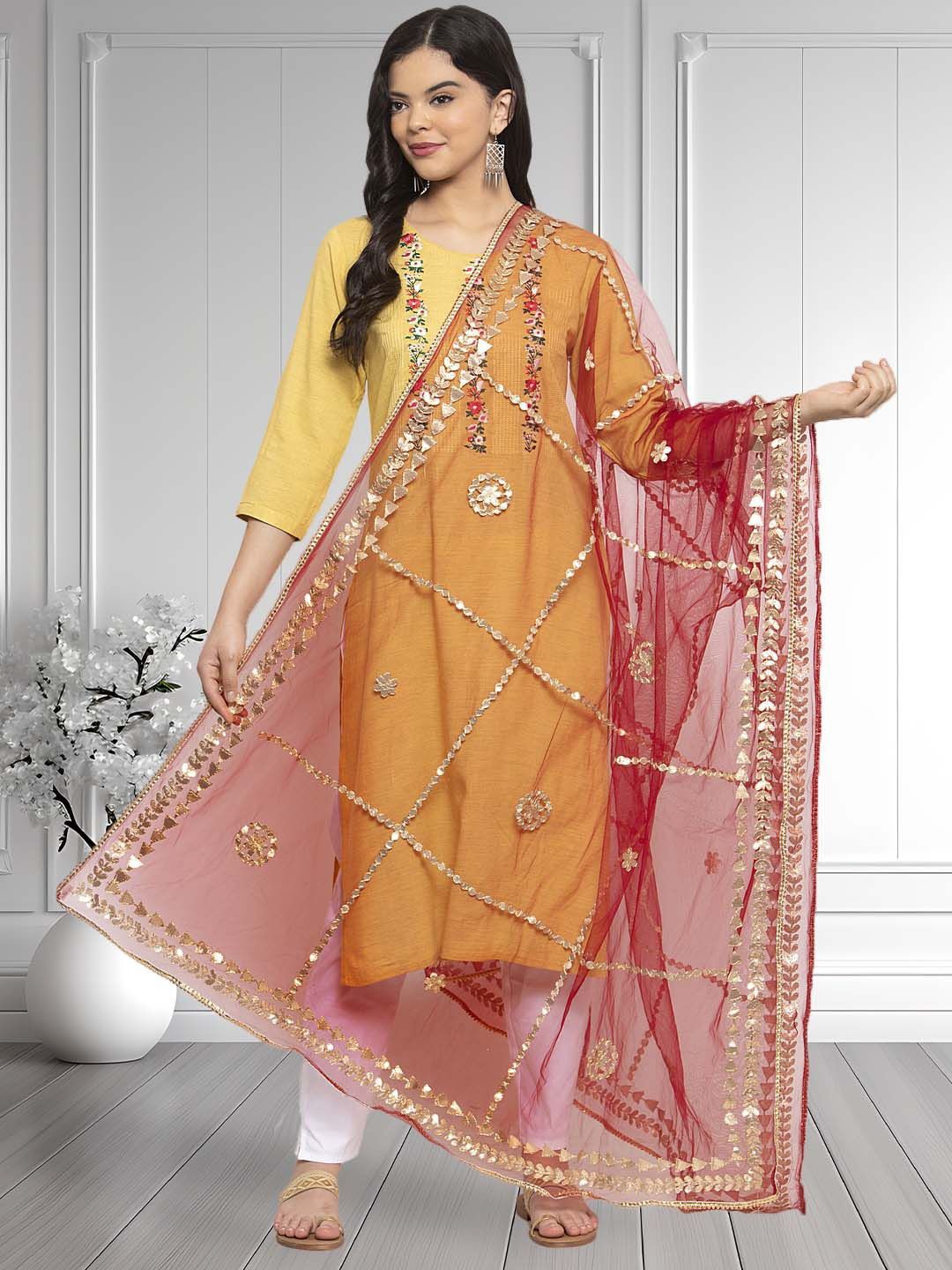 

Moda Rapido Geometric Embroidered Gotta Patti Dupatta, Maroon