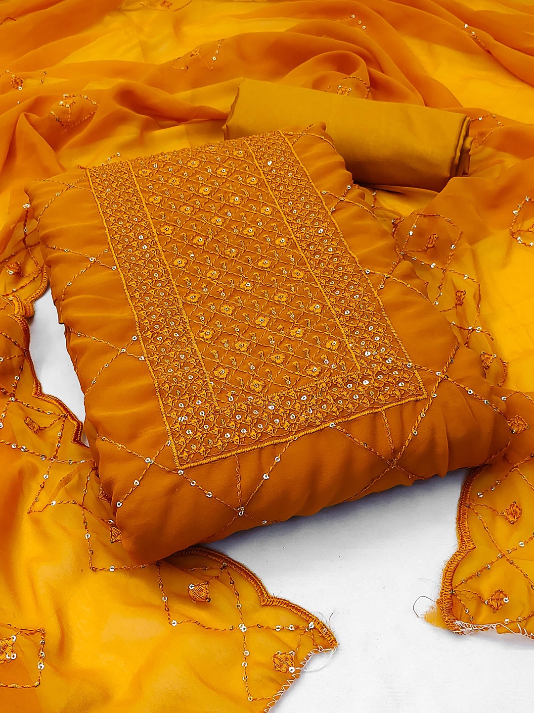 

SHADOW & SAINING Floral Embroidered Sequinned Silk Georgette Unstitched Dress Material, Mustard