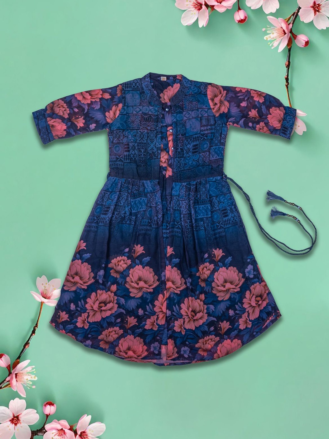 

we11 Girls Floral Printed Chiffon Fit & Flare Dress, Blue