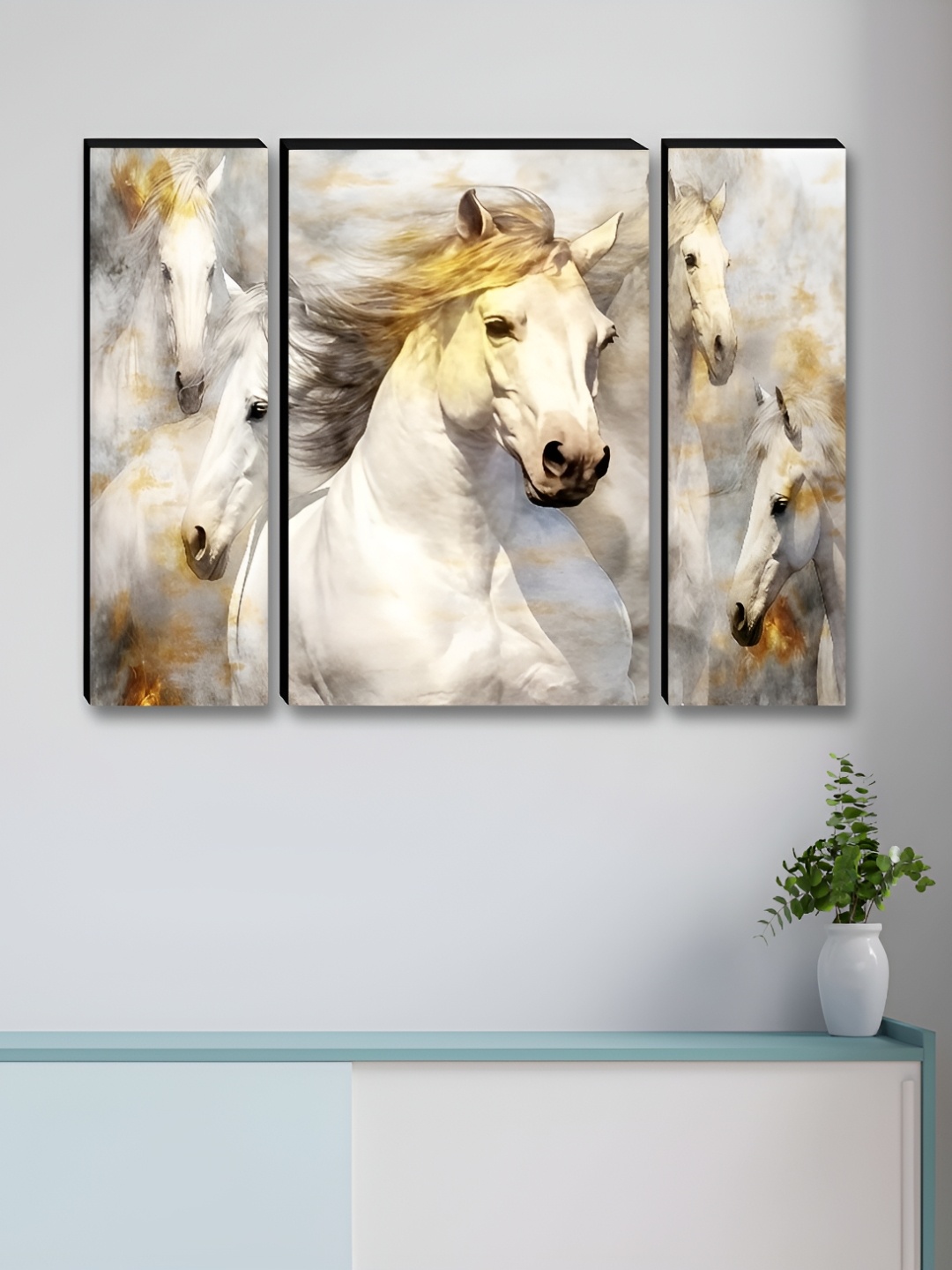 

Myntra Elegant Homes White & Gold-Toned 3 Pieces Horse Printed Wall Paintings