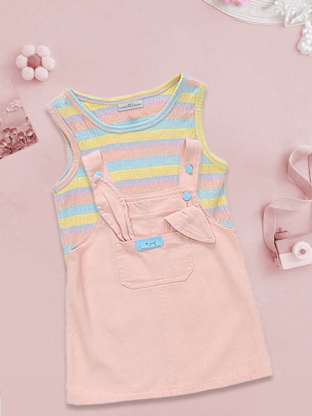 

FOREVER FRIDAY Girls Striped Pure Cotton Dungaree With T-Shirt, Pink