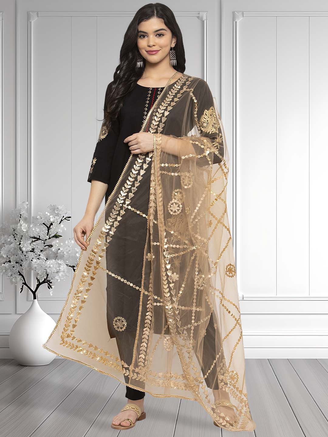 

Moda Rapido Geometric Embroidered Gotta Patti Dupatta, Beige
