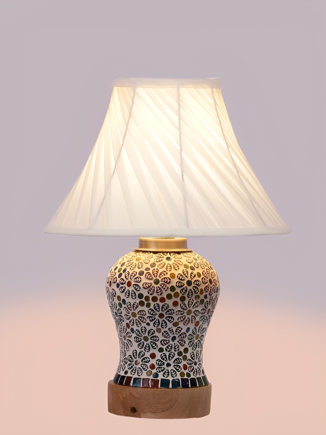 

Devansh Off White Textured Frustum Shaped Wooden Table Lamp & Mosaic Glass
