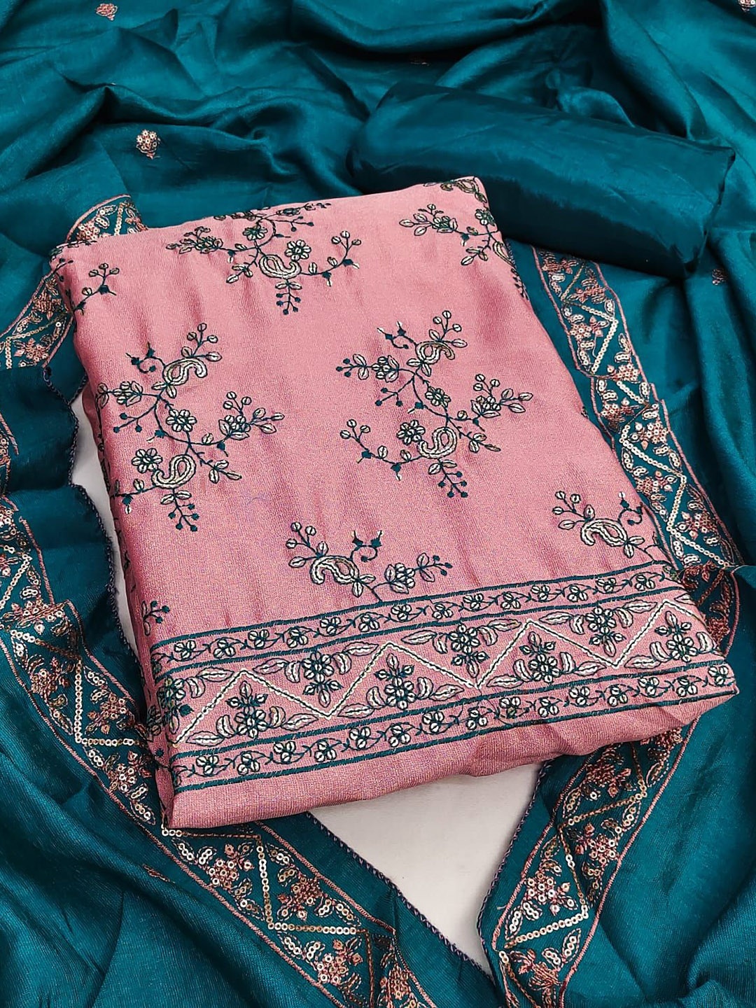 

BlissFlair Paisley Embroidered Sequinned Vichitra Silk Unstitched Dress Material, Pink