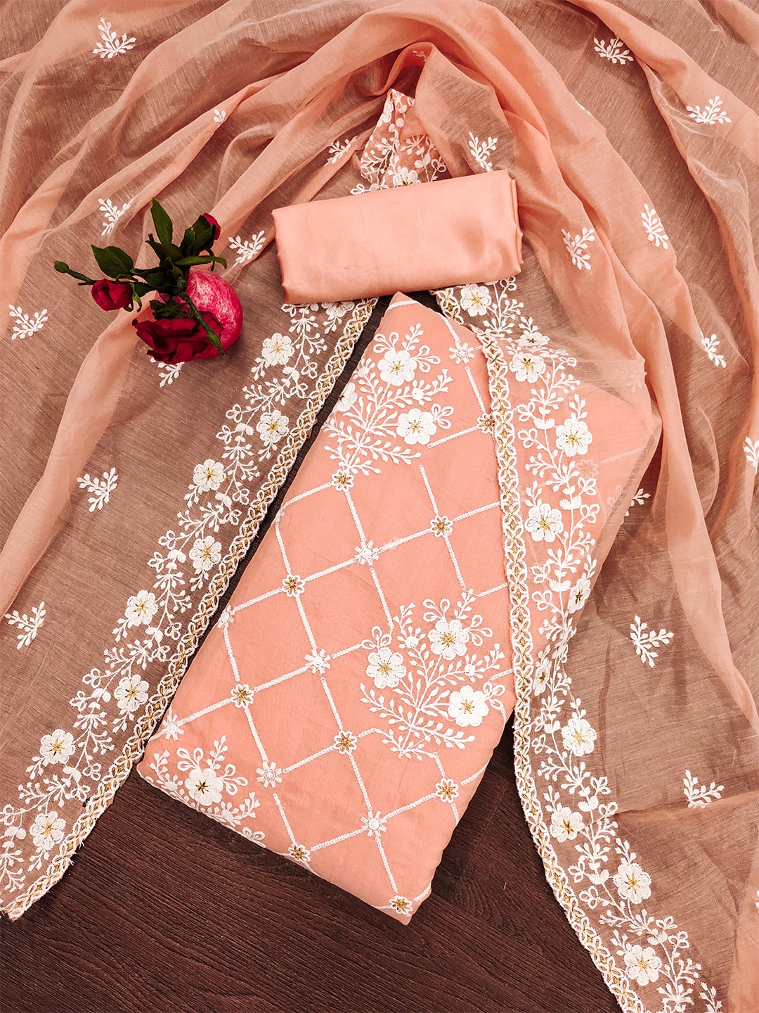 

SHADOW & SAINING Embroidered Semi-Stitched Dress Material, Peach