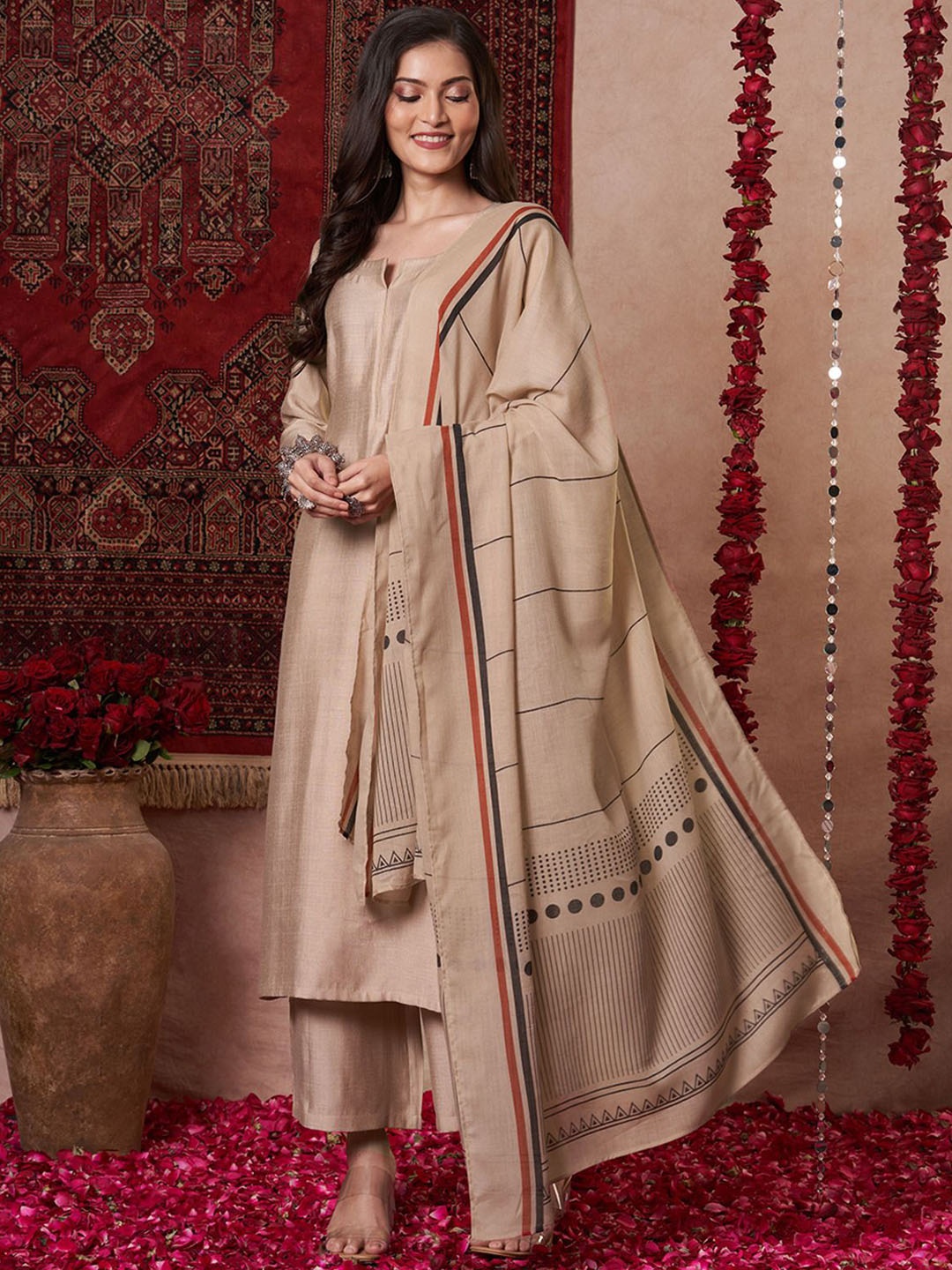 

KALINI Notch-Neck Straight Kurta With Palazzos And Dupatta, Beige