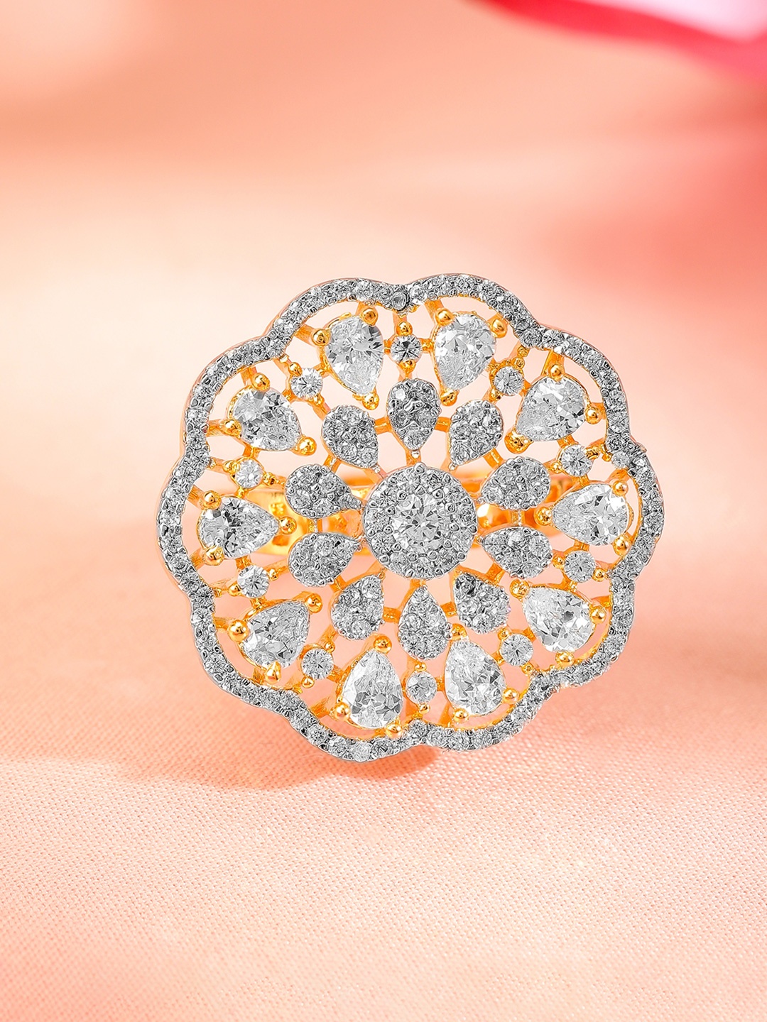 

Rubans 22K Gold-Plated Cubic Zirconia-Studded Floral Adjustable Finger Ring
