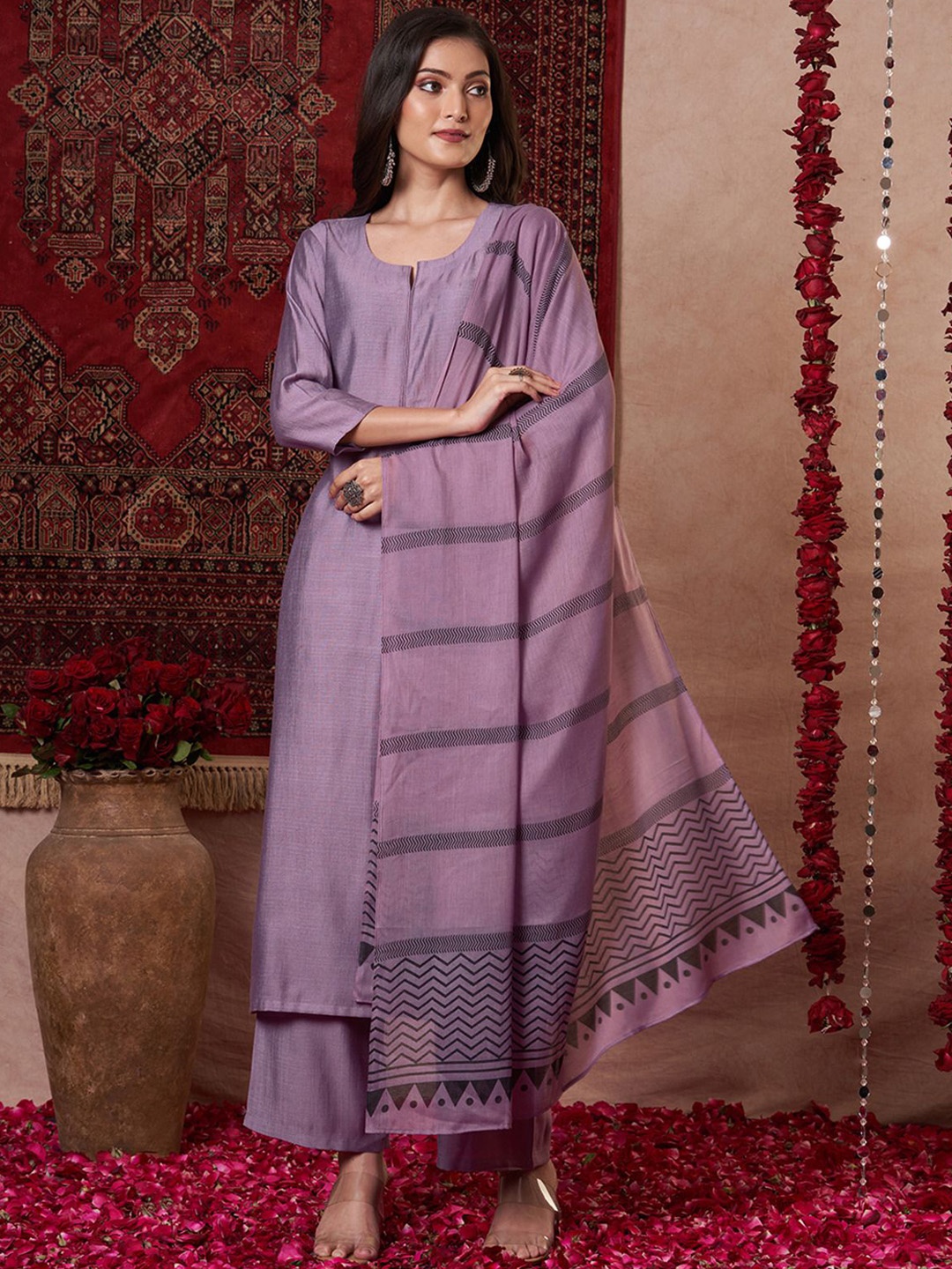 

KALINI Notch-Neck Straight Kurta With Palazzos And Dupatta, Purple
