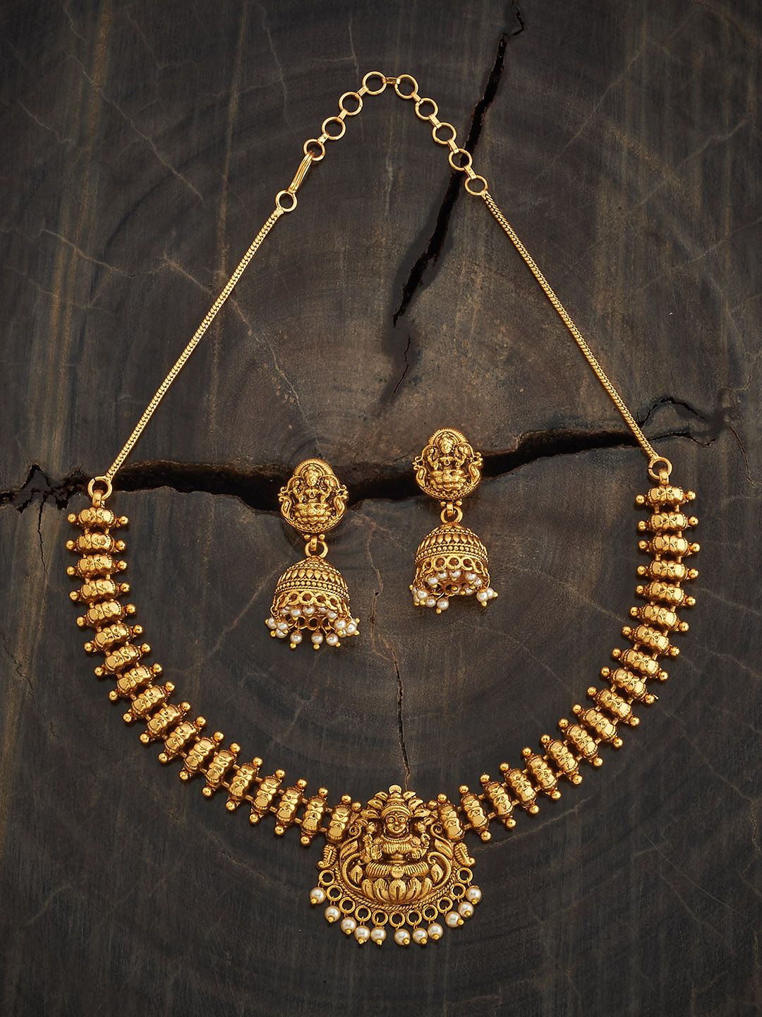 

Kushal's Fashion Jewellery Gold-Plated Pearl Studded Ethnic Antique Jewellery Set